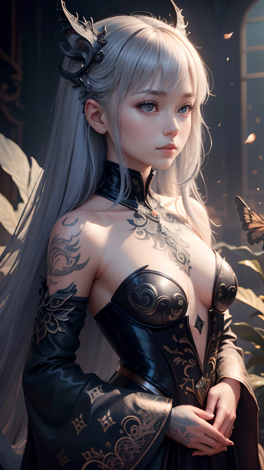 2 girl and cute little dragon with silver scales, Detailed eyes, adolable, concept-art, 复杂, highly detailed digital painting, Smoothness, tack sharp focus, illustratio, Amazing intricate details, Glowing filigree fantasy, A masterpiece of digital art, Center composition, perfect compositions, iintricate, Crazy detail for fine detail octane rendering, 8K, artsy photography, Arte conceptual fotorrealista, Soft natural volume The ideal light for movies, tmasterpiece, oil on the canvas, 复杂、ellegance、highly detailed digital artwork,neck tattoos,tattoos on the arms