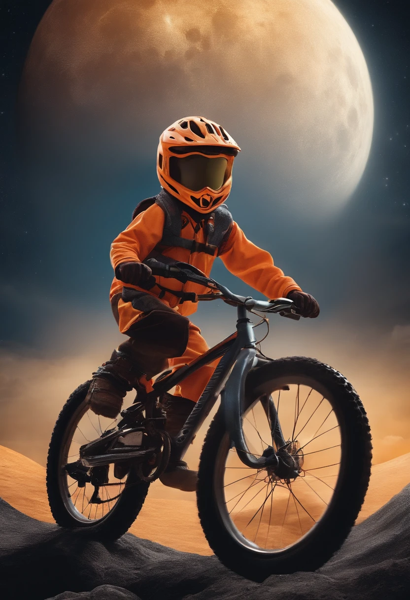 boy riding mountain bike on the moon wearing halloween costume