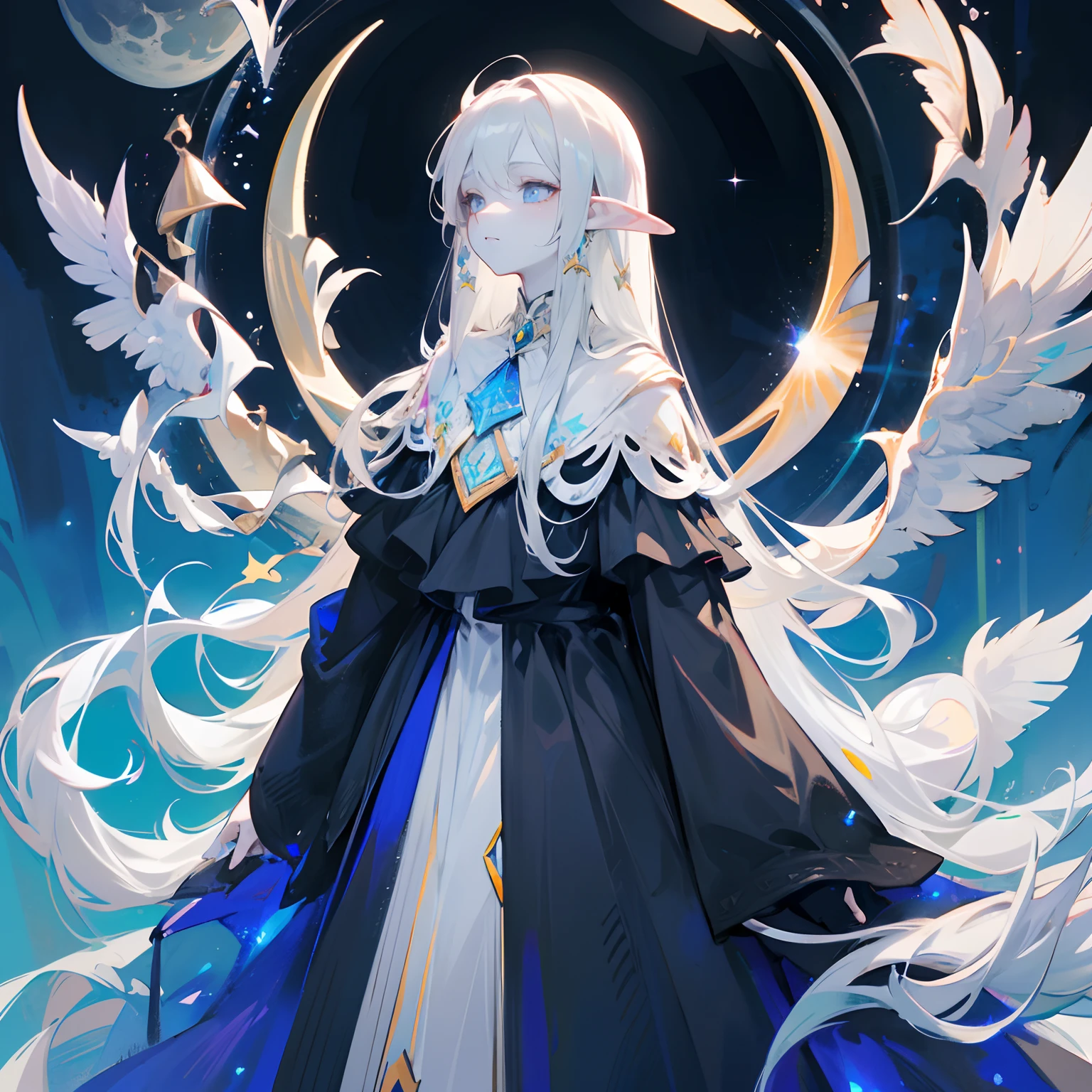 Moon Elves,White skin of the,Exquisite facial features,long Brond Hair,Tall figure,Deep eyes,As mysterious and beautiful as the starry sky,black long dress,high-necked,Wear yours with a silver-grey cape,On his left shoulder hangs a silver badge,one-girl,pointy-eared
