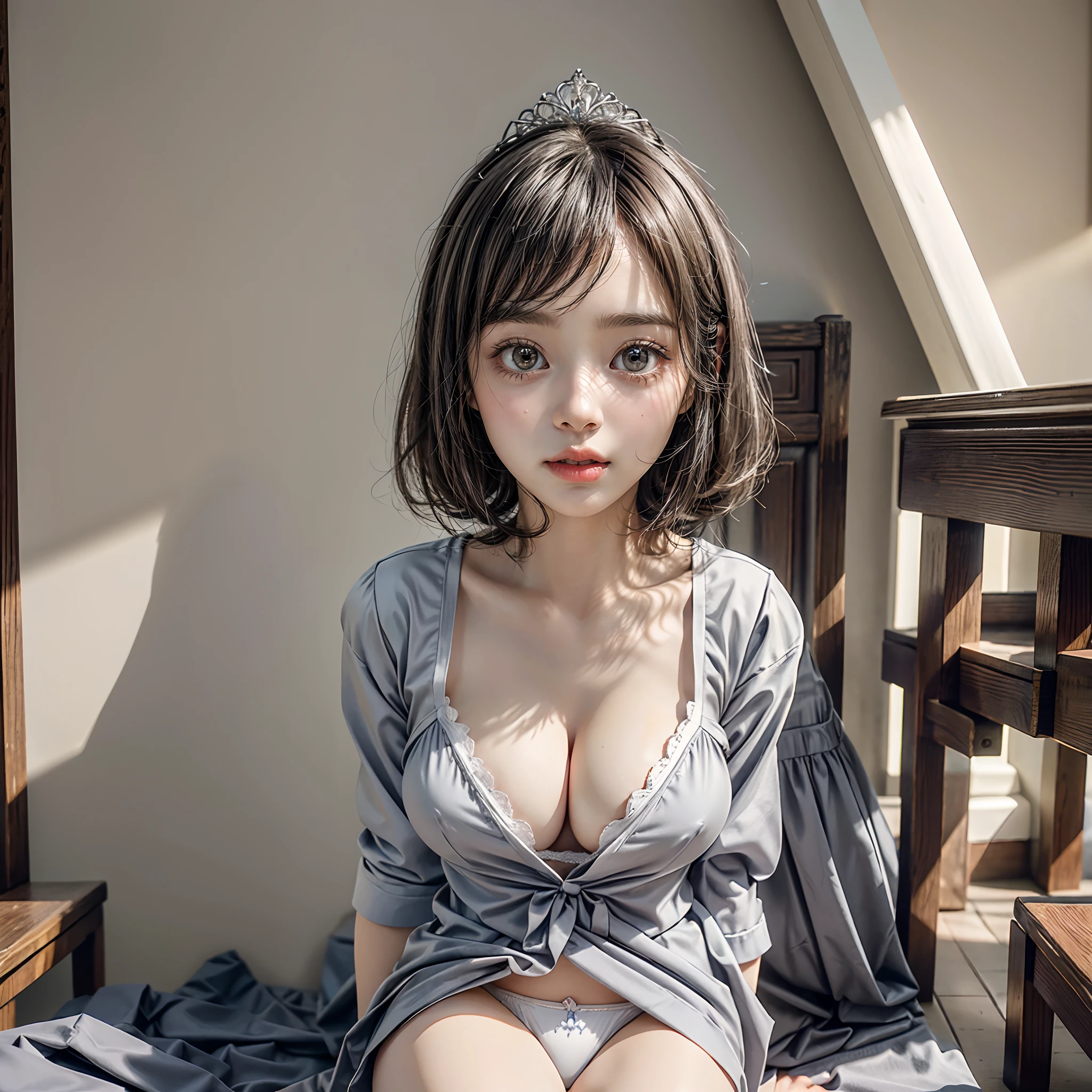 SFW、(NSFW_STILL_SHOW)、 (Seducing from Oppai-), (Masterpiece:1.2), 8K Best_Quality, (photorealistic:1.37)、Shadowless lighting、Many Follow lights、smooth shading、(Detailed cute face)、brilliant perfect eyes, long eyelashes、Biomechanical HUGE and HEAVY boob、{(Childish:1.2)|(Gigantic Cleavage:1.37)}、Soft Nipples、((from below))、Detailed open crotch、Detailed glistening Porcelain skin、{Princes tiara|Blonde hair|Brunette hair|Black hair|Silver hair}、zydG、pussy、(School Uniform with tiny panties:1.37), ((( baby face)))
