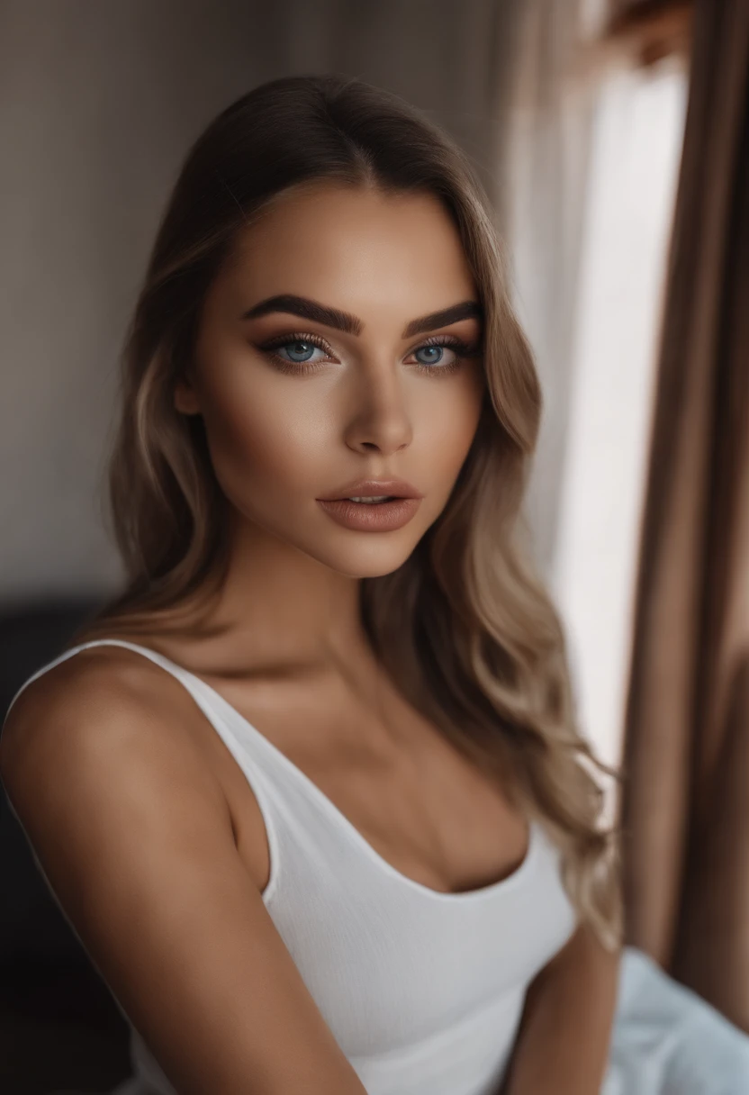 Woman arafed with large breasts with tank top and matching panties, fille sexy aux yeux bruns, Portrait Sophie Mudd, cheveux blonds et grands yeux, selfie of a young woman, Les yeux dans la chambre, Violet Myers, ohne Maquillage, maquillage naturel, Look directly into the camera, Visage avec Artgram, dezentes Maquillage, Superbe photo du corps entier, dans la chambre, Fission