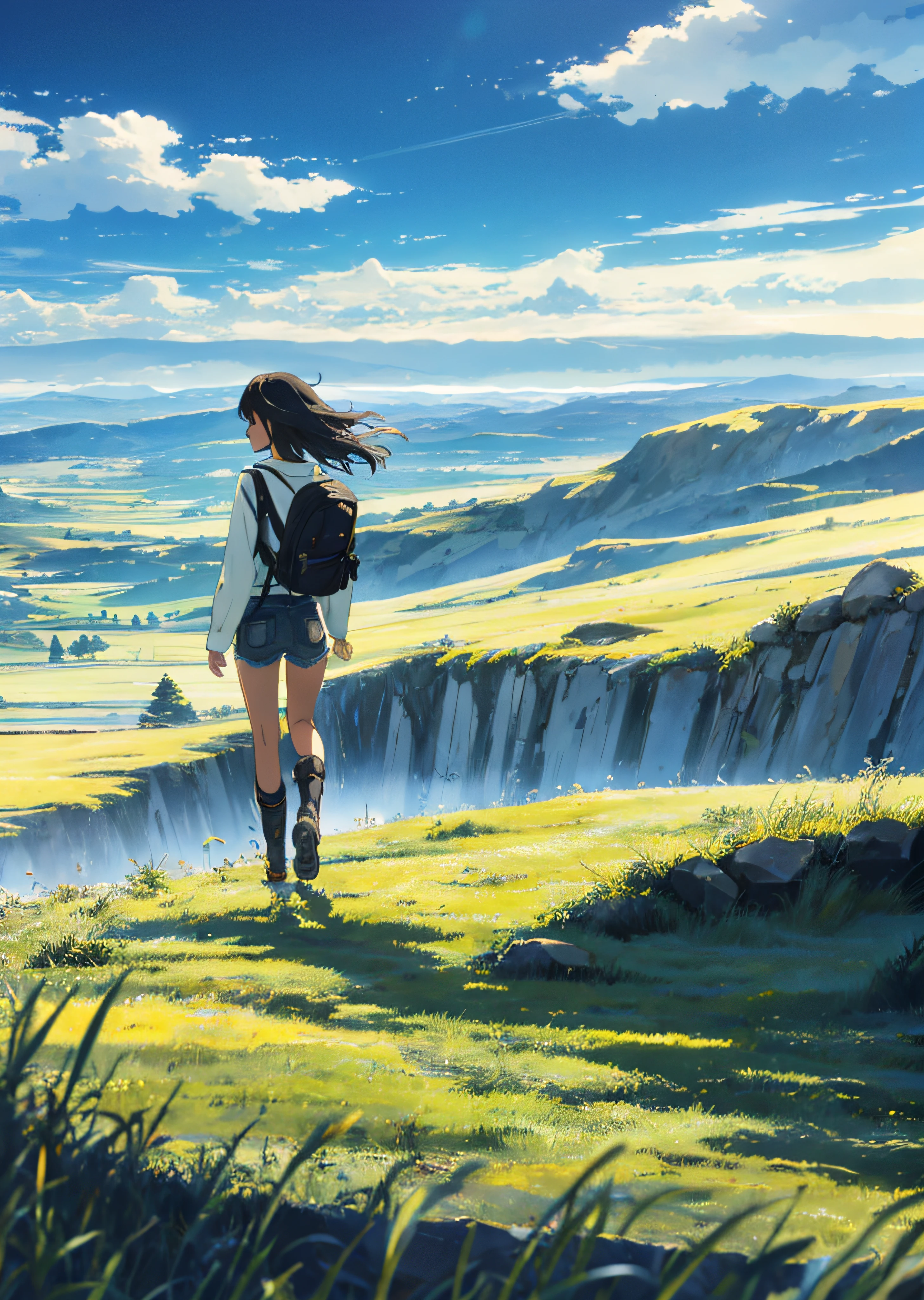 The vast sky, beautiful skyline, large grasslands, extremely tense and dramatic pictures, moving visual effects, the high-hanging Polaris, and colorful natural light. Long-sleeved top, denim shorts, and a girl with a backpack.