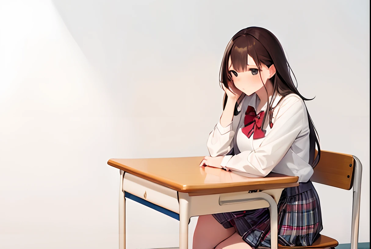 Masterpiece, 2d, anime,1girl, brown hair, longhair, blush, sitting, desk, school uniform, bowtie, plaid, skirt, hand on chin