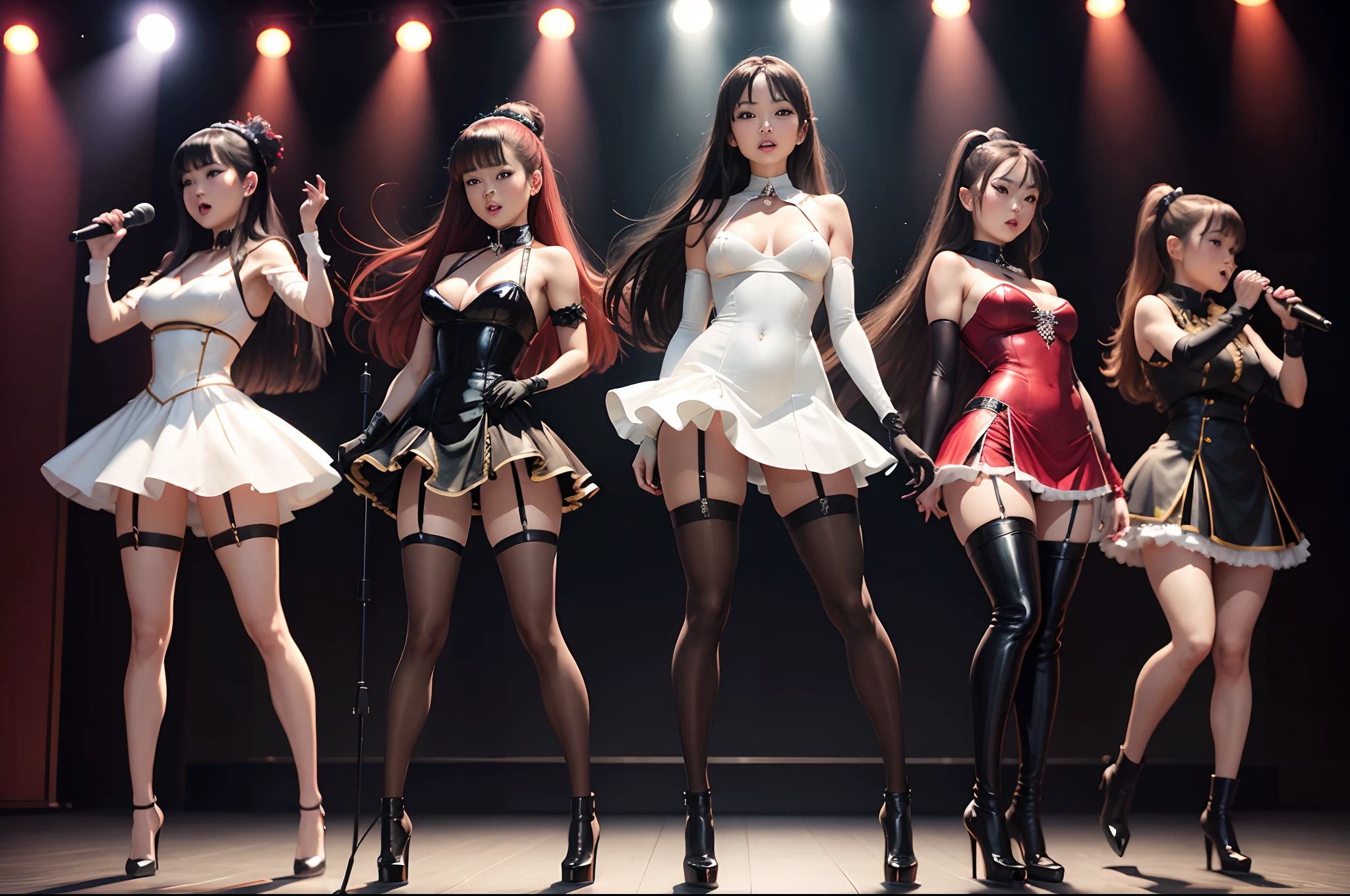 Sexy, kalafina, Keiko Kubota, Hikaru Masai, Wakana Ōtaki, 3 girls, on stage singing, sexy, wearing elegant minidress, traditional dress, collar, corsait, stockings, garter belt, high heels, very long boots, high boots, long gloves, ponytail, heavy makeup, eyeliner, vivid lipstick, long hair, full body shot