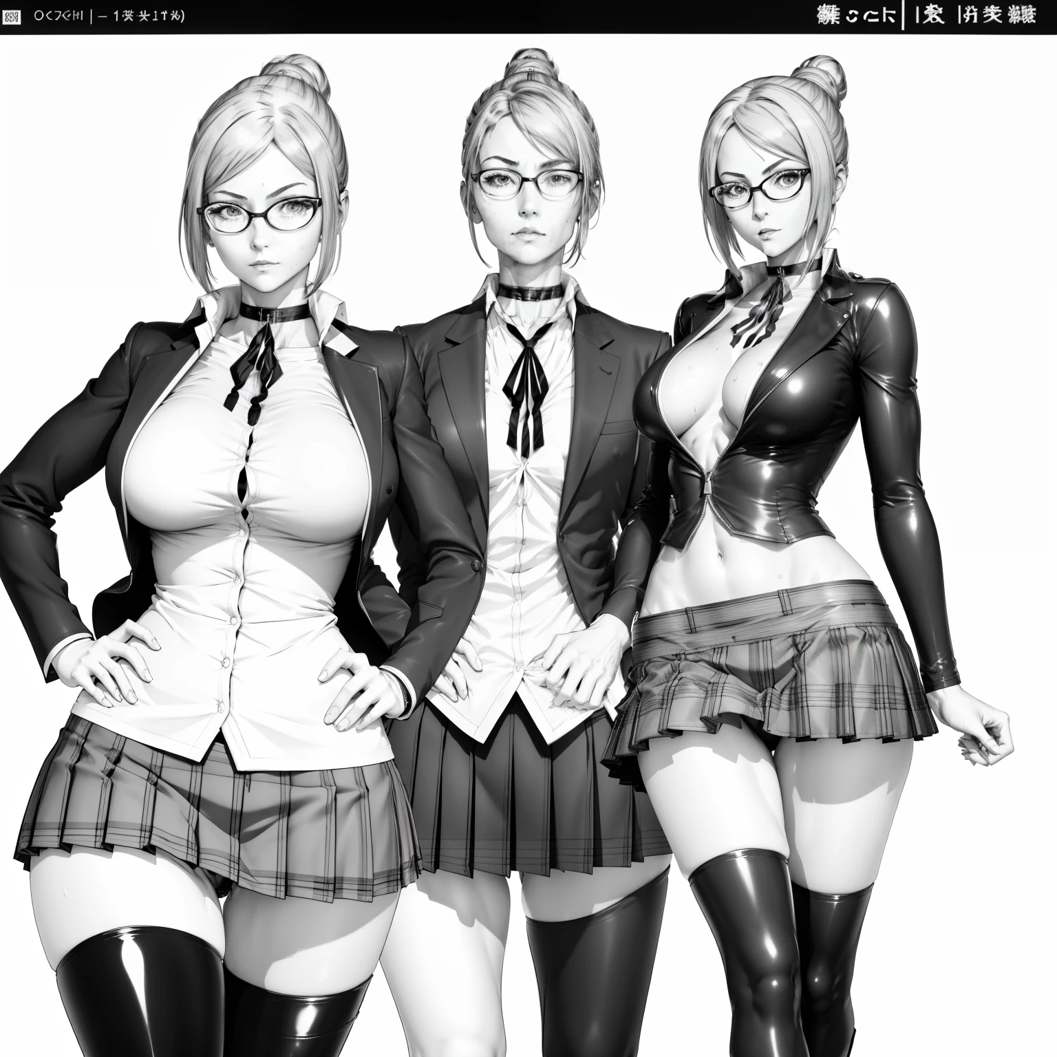 Manga sketch, 1girl as shiraki meiko,hair bun, glasses,school uniform, black thighhighs, plaid skirt, knee boots, ribbon choker, brown jacket black bodysuit, sweat droplet over body, unzipped,striped, midriff, detailed eyes, detailed face, detailed skin,mature body, tall body,seductive body,medium big breast, medium thigh, lines, contrast, monochrome, hatch, greyscale