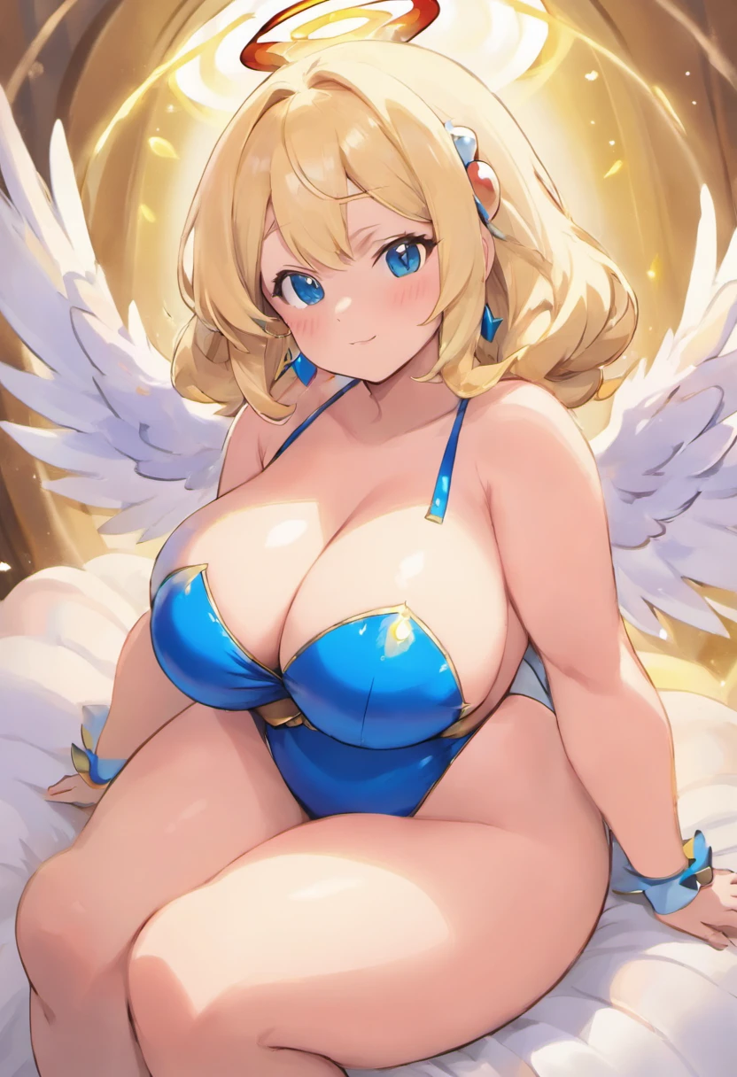 a close up of a woman with big breasts sitting on a bed, sfw huge breasts, detailed and soft, super wide angel, covered sfw huge breasts, thicc, big breasts, big breasts!, giant stunning goddess shot, big breasts!!, anime highly detailed, queen of the fairies, curvaceous. detailed, large breasts, sfw version, huge wings, blue clothes chubby