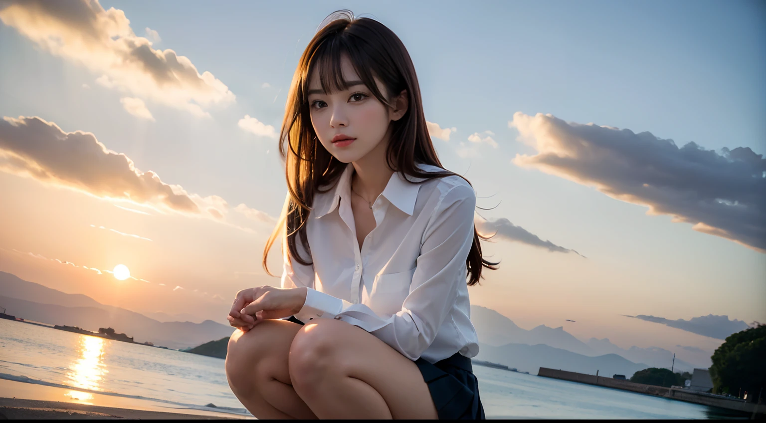 (Best Quality, hight resolution, masutepiece :1.3), (Taken from below), Pretty Woman, Orange sunset sky, Sun and clouds on sea background, Cute girl in uniform. Her hair is light brown in medium bob style. She wears a white blouse and pleated skirt, squatted with legs wide open, Blushing face, looking in camera, Dynamic shooting angle