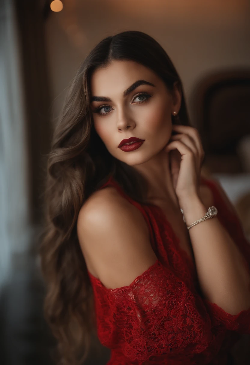 arafed woman fully , sexy girl with brown eyes, ultra realistic, meticulously detailed, portrait sophie mudd, brown hair and large eyes, red lingerie, high heels, long legs, nice tan, bent over table