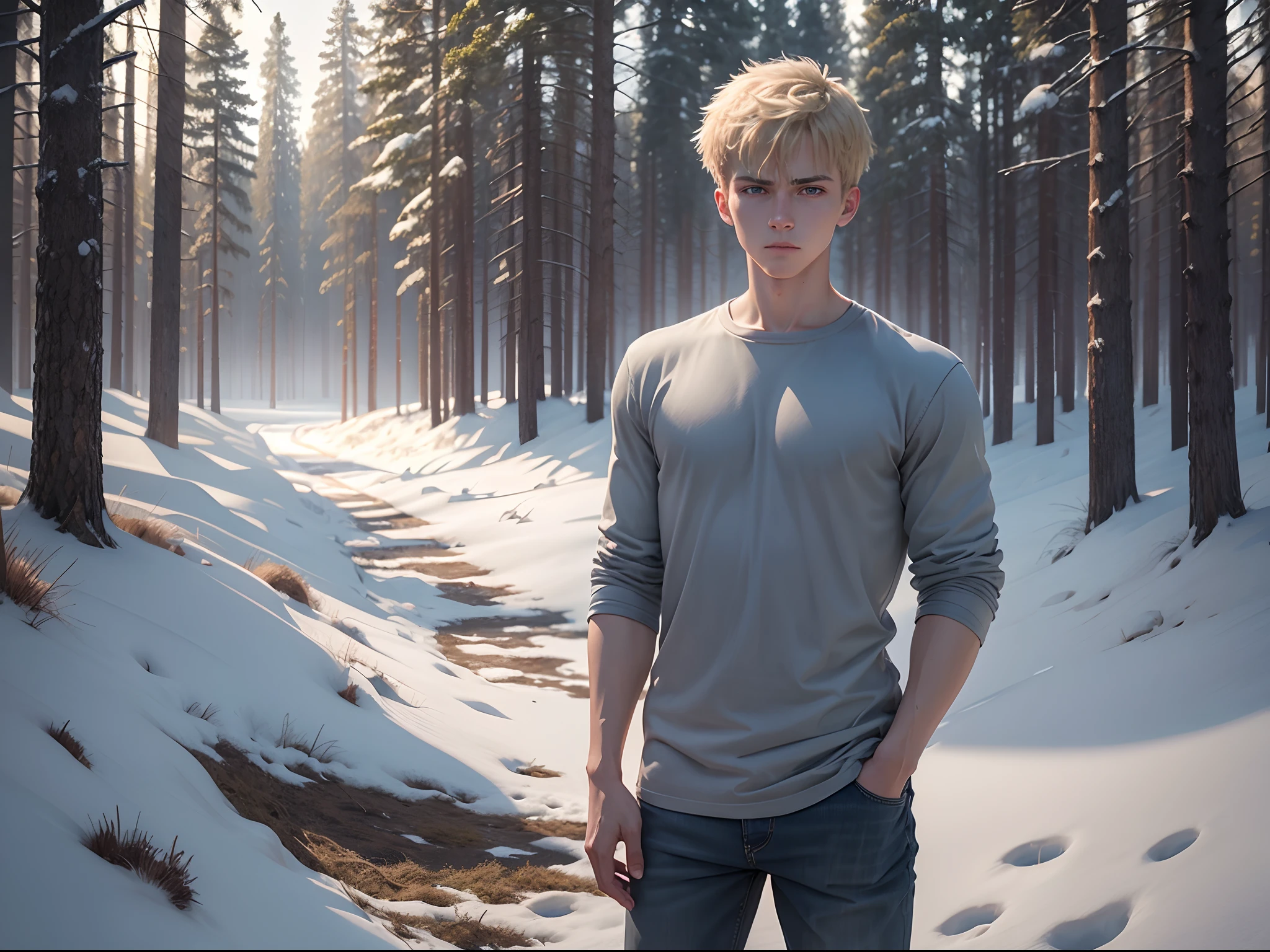 realistic, 8k image of a 15 year old young man, blond, strong, short hair combed back, blue eyes, square jaw, dressed in a casual gray shirt, serious expression, standing in an open field in the middle of a forest covered in snow, morning, anime style art