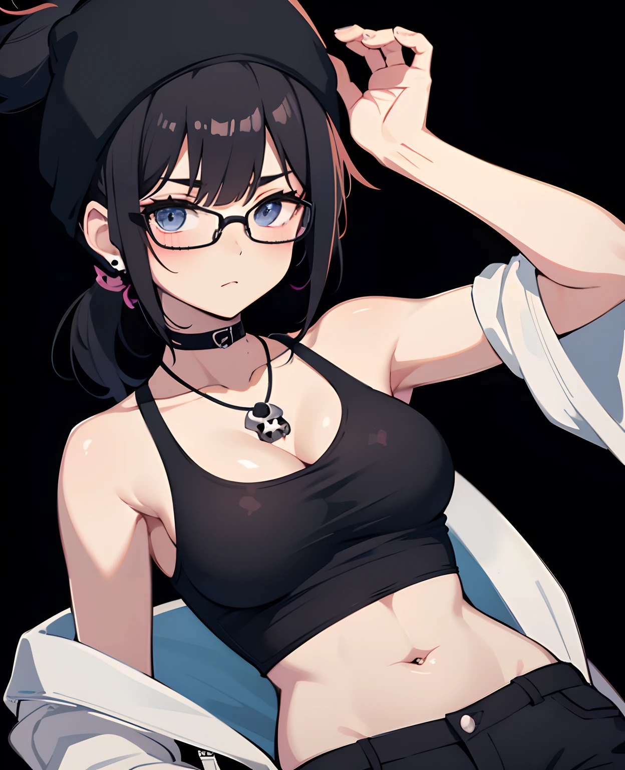 age, anime girl, glasses, black hair,bangs, underwears, short hair, skull earrings, skull beanie, open clothes, ponytail, medium layer hair, large breasts, high quality, armpits, looking at viewer, black background, heart necklace, medium shot