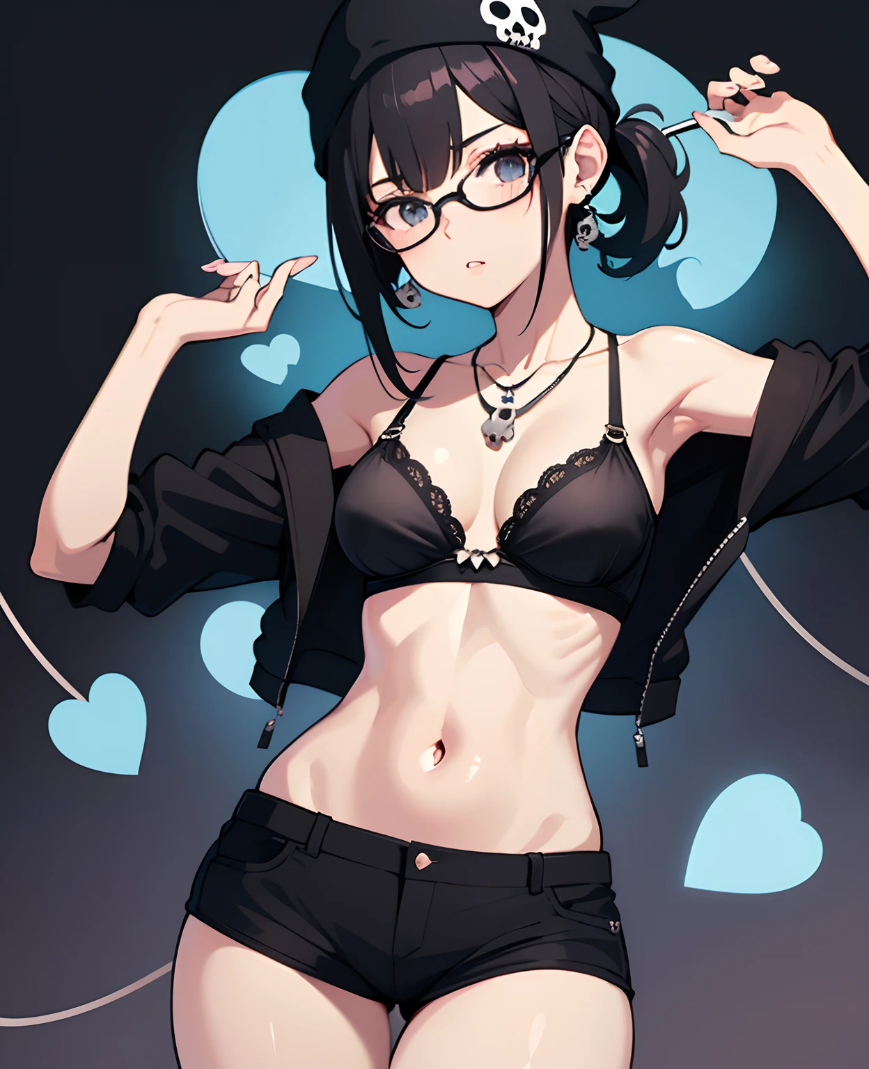 teenage, anime girl, glasses, black hair,bangs, underwears, black bra, black shorts, short hair, skull earrings, black skull beanie, open clothes, ponytail, medium layer hair, large breasts, high quality, armpits, looking at viewer, black background, heart necklace, long shot, tempting