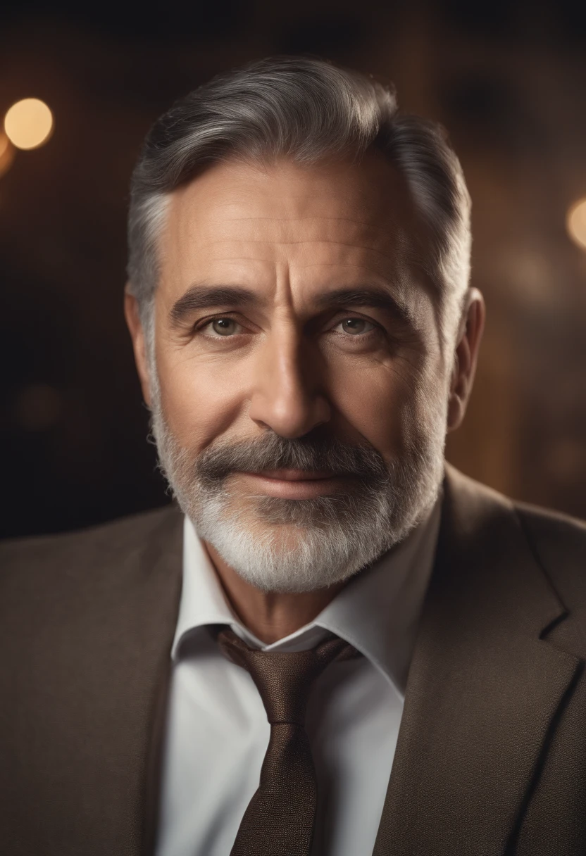 realistic image of middle-aged business professional, 90 ponds of weight, professionally dressed in a suit and tie, high-quality, highest resolution, standing position, hands down, professional, beautiful detailed slightly brownish eyes , beautiful detailed lips, short beard, graying short hair, kind expression, warm smile, distinguished look, proper lighting, plain background, clean image with no blurry effect, ultra-detailed texture,masterpiece:1.2