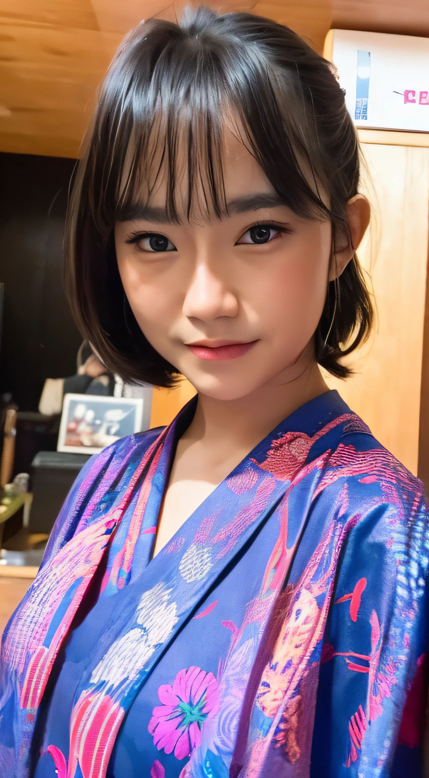 freya from JKT48, idol, indonesian girl,wearing a yukata, close up, looking at camera, cinematic, sharp lense, professional photographie, 70mm lense, soft light, colorful background, 4k