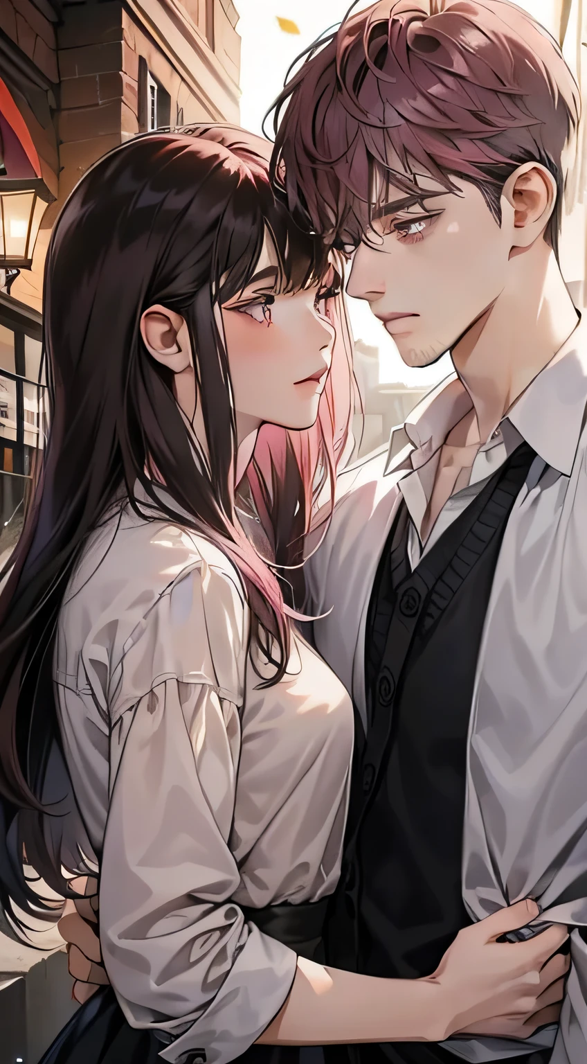 couple, 1 Girl 1 Boy, different hair color, Pink hair, Bangs and gray eyes, Medium wine hair and amber eyes, Has a slight beard, Romance, Face to face, En plein air, In the night, glowing effect, camisa casual