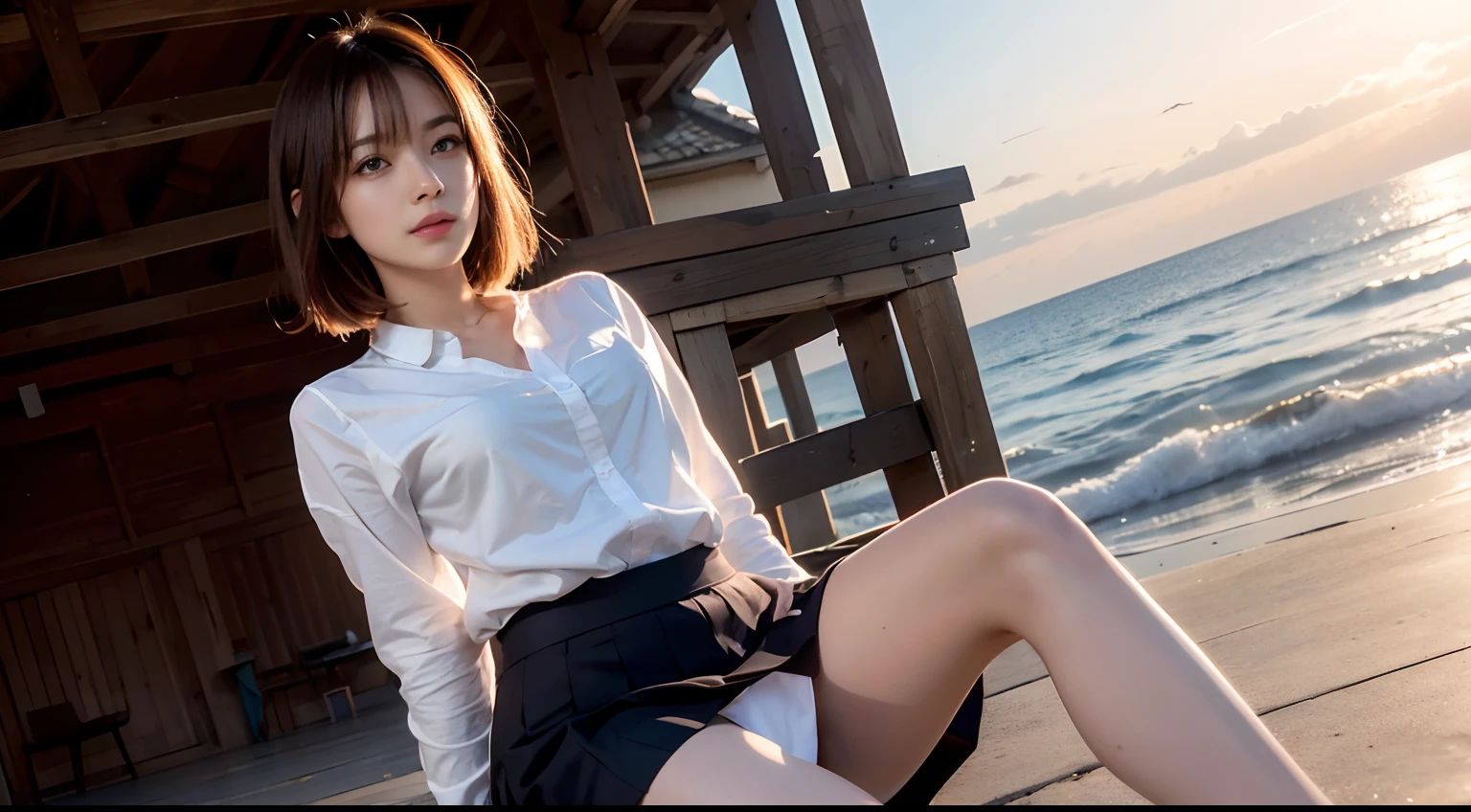 (Best Quality, hight resolution, masutepiece :1.3), (Taken from below), Pretty Woman, Orange sunset sky, Sun and clouds on sea background, Cute girl in uniform. Her hair is light brown in medium bob style. She wears a white blouse and pleated skirt, squatted with legs wide open, Blushing face, looking in camera, Dynamic shooting angle