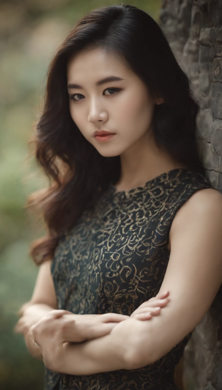 A beautiful Korean girl,Wear a sleeveless T-shirt with a crop top,Wear a pair of ultra-shorts,Wear stiletto heels,tattoo all over body,With a long ponytail,Wearing a collar