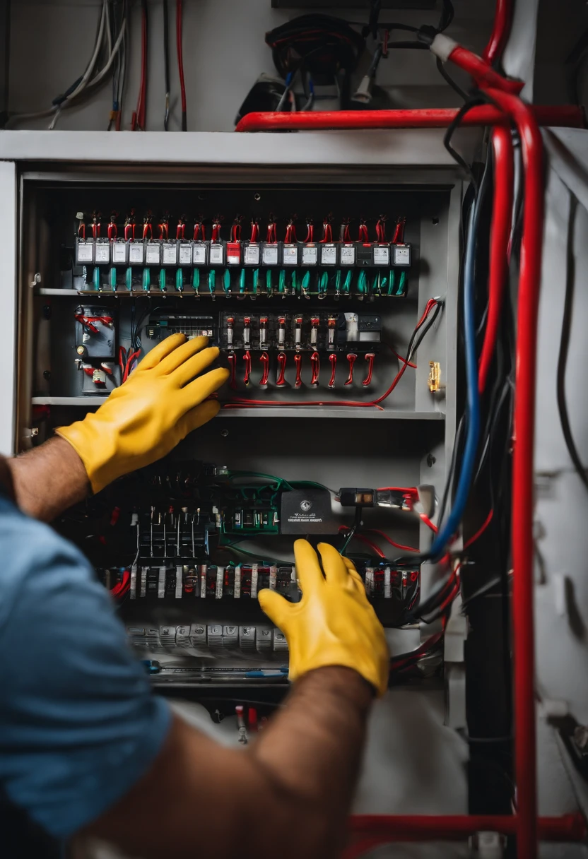 This image shows an electrical panel being worked on by a person wearing a blue plaid shirt and red gloves. A pessoa segura uma chave de fenda vermelha e parece estar mexendo no painel. The panel is white and has several wires and circuit breakers. There is a yellow multimeter on the floor next to the dashboard. The background is a white wall.