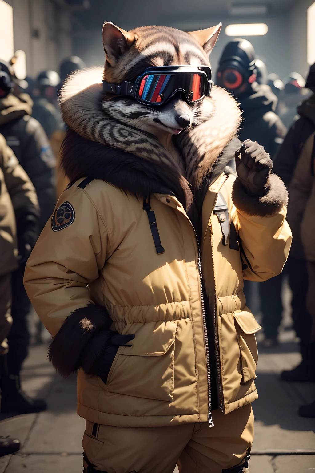 Perfect centralization, um raccon, Use uma jaqueta no animal, wearing goggles, alegria, Standing position, centrado, looking at the camera, Facing the camera, Dynamic, altamente detalhado, liso, foco nítido, 8k, high-definition resolution, fundo branco