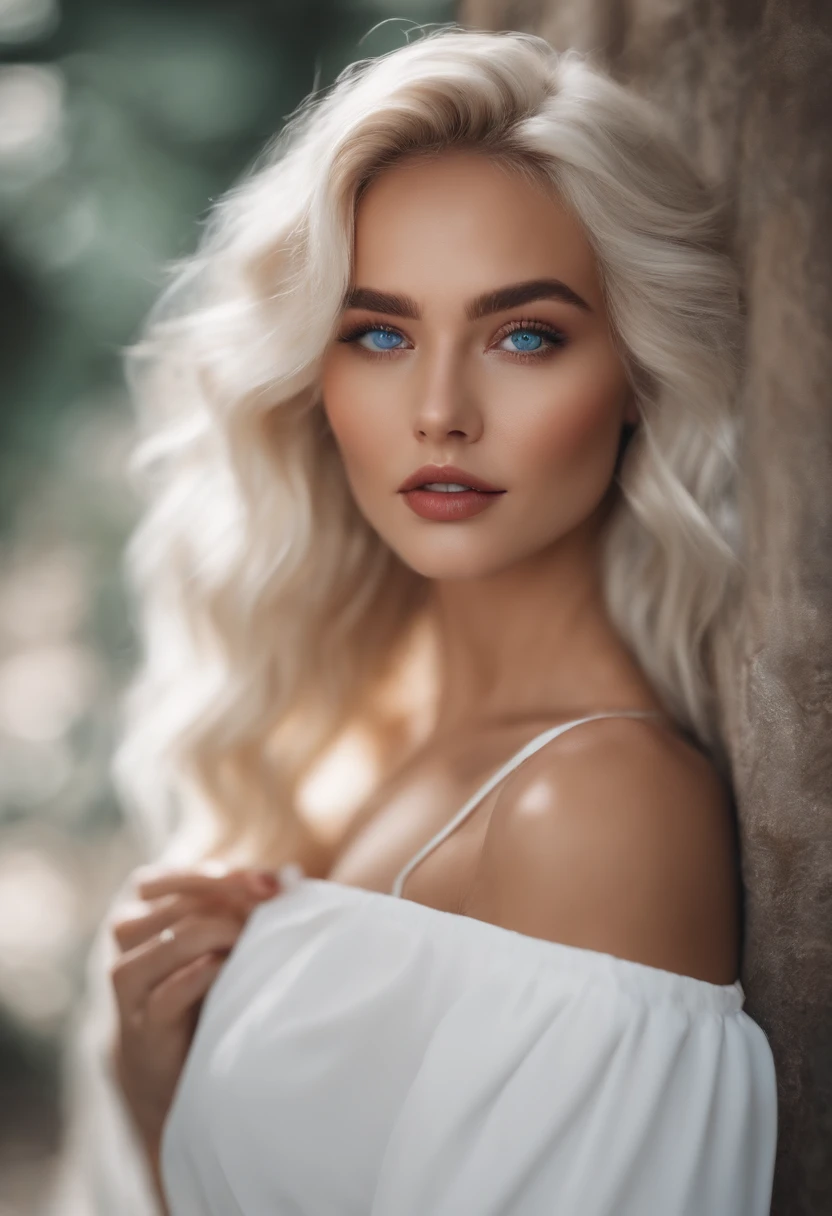 Realistic white Instagram influencer, best quality, Blond, 1人, blaue Augen, in white, enger, kurzes Kleid