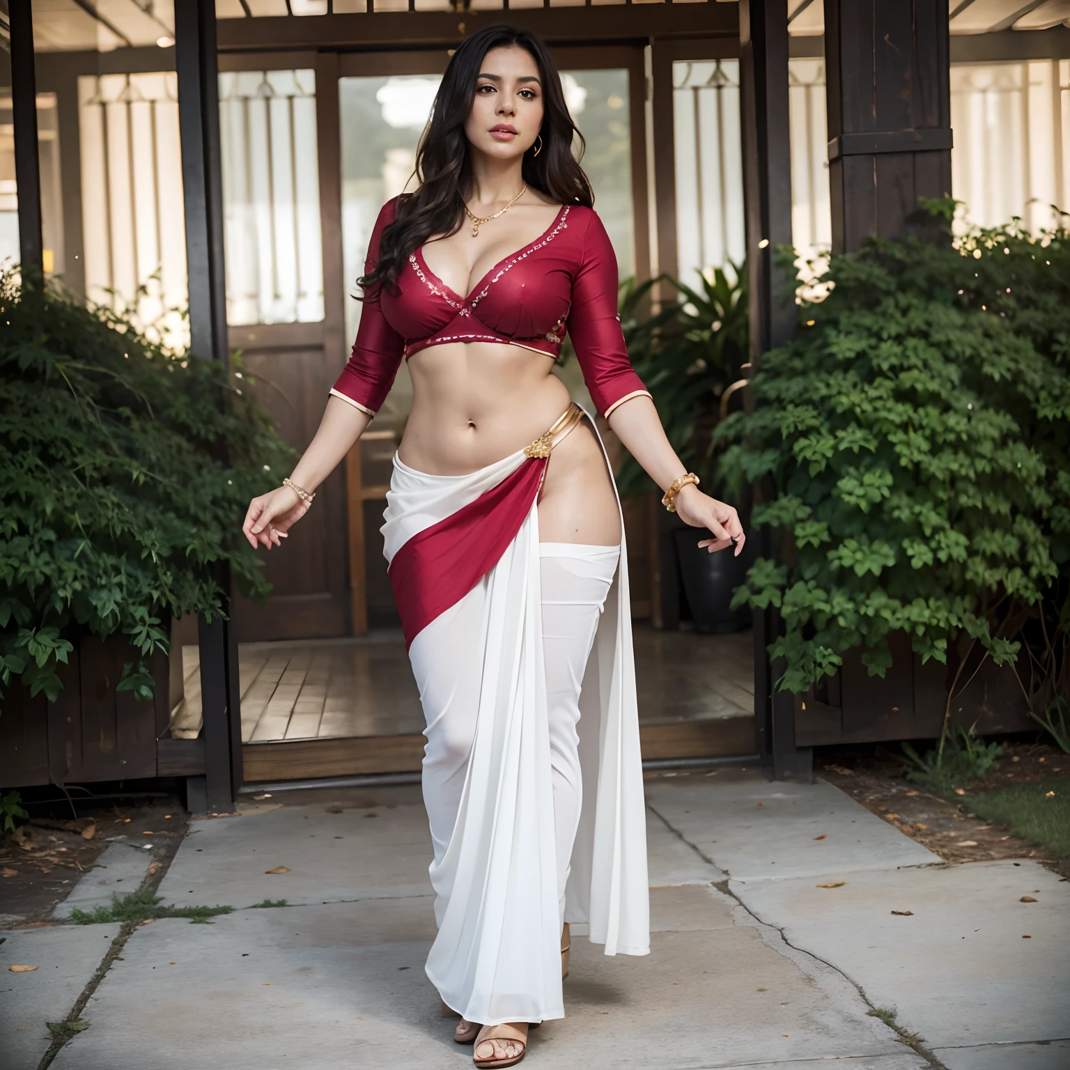 Full body view, fit milf 30 year old, rounded breast, thick ass, six abs, long legs, ethnicity white, skin color light brown, dark hair, Short Blonde Mess hair , face angry, eyes big open, sexy, wet, Full Sleeves Blouse & red black saree, golden sandals, decollete, gold & pearl Jewellery Waist Chain , 4k , realism, masterpiece, background farm field