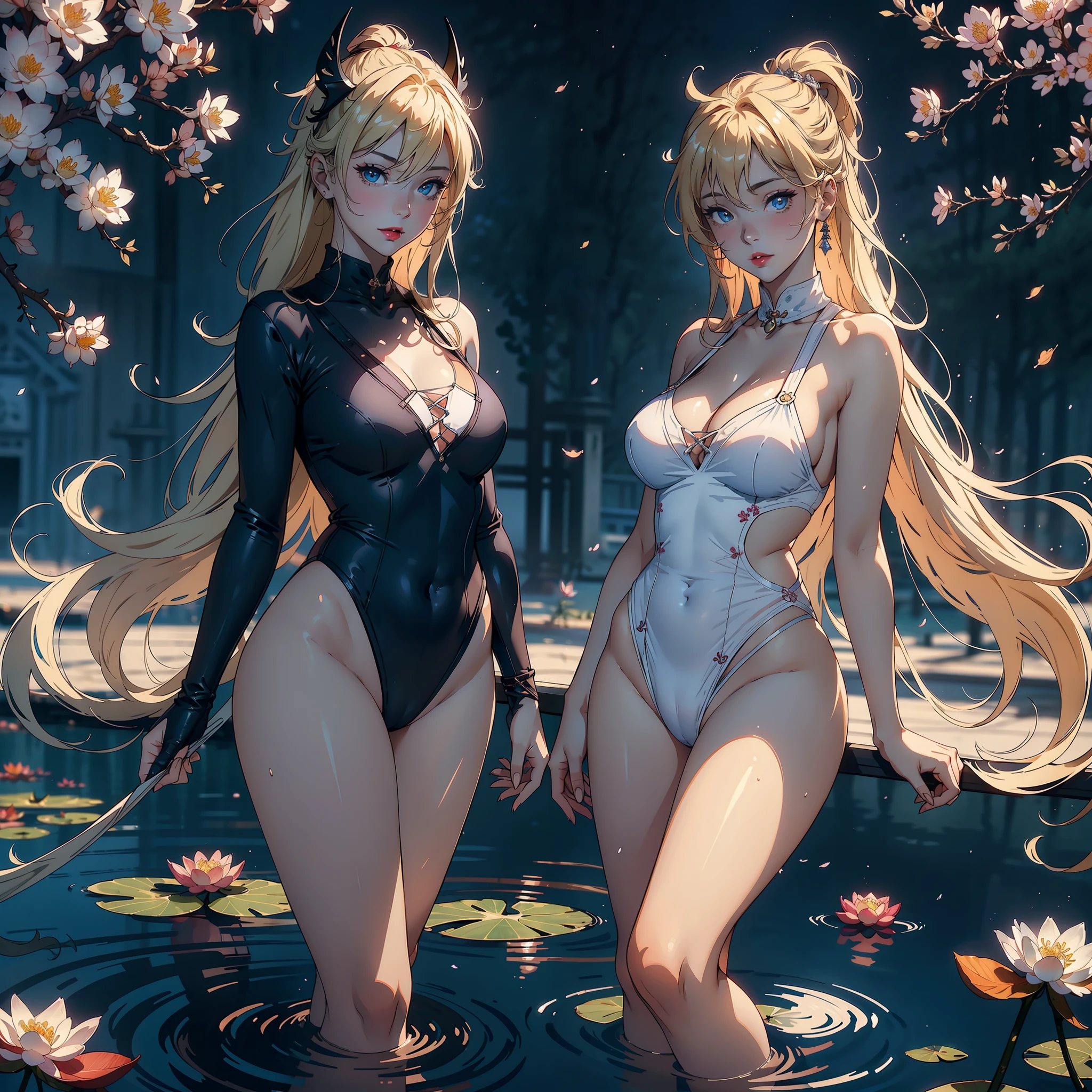 6 Female，Stand in a row，Beauty contests，sexyposture，Married Woman，A MILF，熟妇，mature，extremely large bosom，plumw（Background with：Mare，Cherry blossom forest，lotus flower）Lie underwater， She has short blonde hair，cabelos preto e longos，bobo head，seen from the front，mostly cloudy sky，（（（tmasterpiece），（Very detailed CG unity 8K wallpaper），best qualtiy，cinmatic lighting，detailed back ground，beatiful detailed eyes，Bright pupils，Blue eyes，Snow-whiteskin，Redlip（Very fine and beautiful），（Beautiful and detailed eye description），ultra - detailed，tmasterpiece，））facing at camera，A high resolution，ultra - detailed），revealing breasts，Bare genitalia，  Bulge，legs are open，Raised sexy，Camel toes，Desire for dissatisfaction，frontage，The upper part of the body（Wearing ：a sailor suit，Sailor's cap）