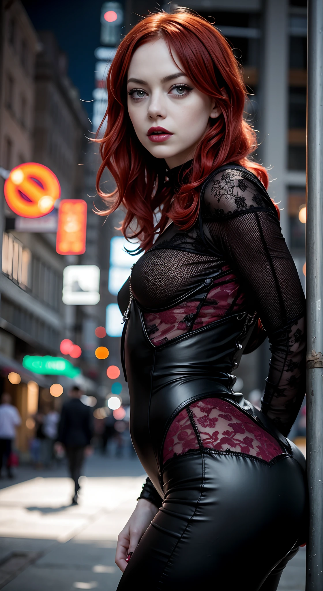 goth Emma Stone, red curly hair, pale white skin, black lipstic, black eyeliner, piersings.
