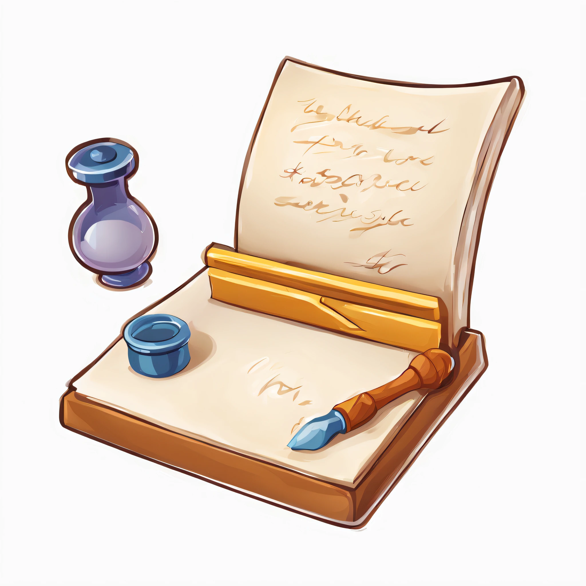 icon of poem letter, with pan and inkwell, cartoon style, detailed