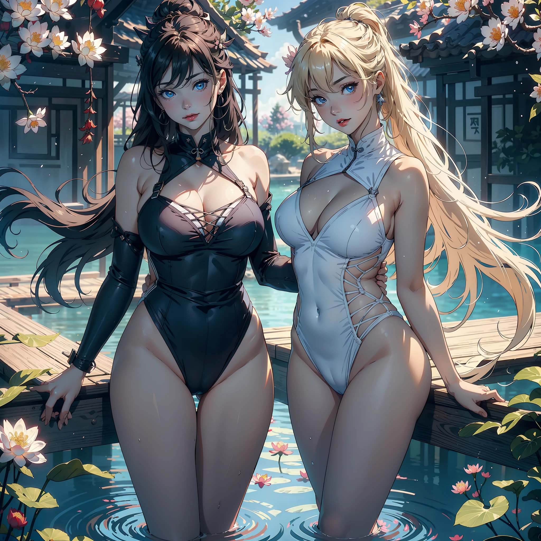 6 Female，Stand in a row，Beauty contests，sexyposture，Married Woman，A MILF，熟妇，mature，extremely large bosom，plumw（Background with：Mare，Cherry blossom forest，lotus flower）Lie underwater， She has short blonde hair，cabelos preto e longos，bobo head，seen from the front，mostly cloudy sky，（（（tmasterpiece），（Very detailed CG unity 8K wallpaper），best qualtiy，cinmatic lighting，detailed back ground，beatiful detailed eyes，Bright pupils，Blue eyes，Snow-whiteskin，Redlip（Very fine and beautiful），（Beautiful and detailed eye description），ultra - detailed，tmasterpiece，））facing at camera，A high resolution，ultra - detailed），revealing breasts，Bare genitalia，  Bulge，legs are open，Raised sexy，Camel toes，Desire for dissatisfaction，frontage，The upper part of the body（Wearing ：a sailor suit，Sailor's cap）