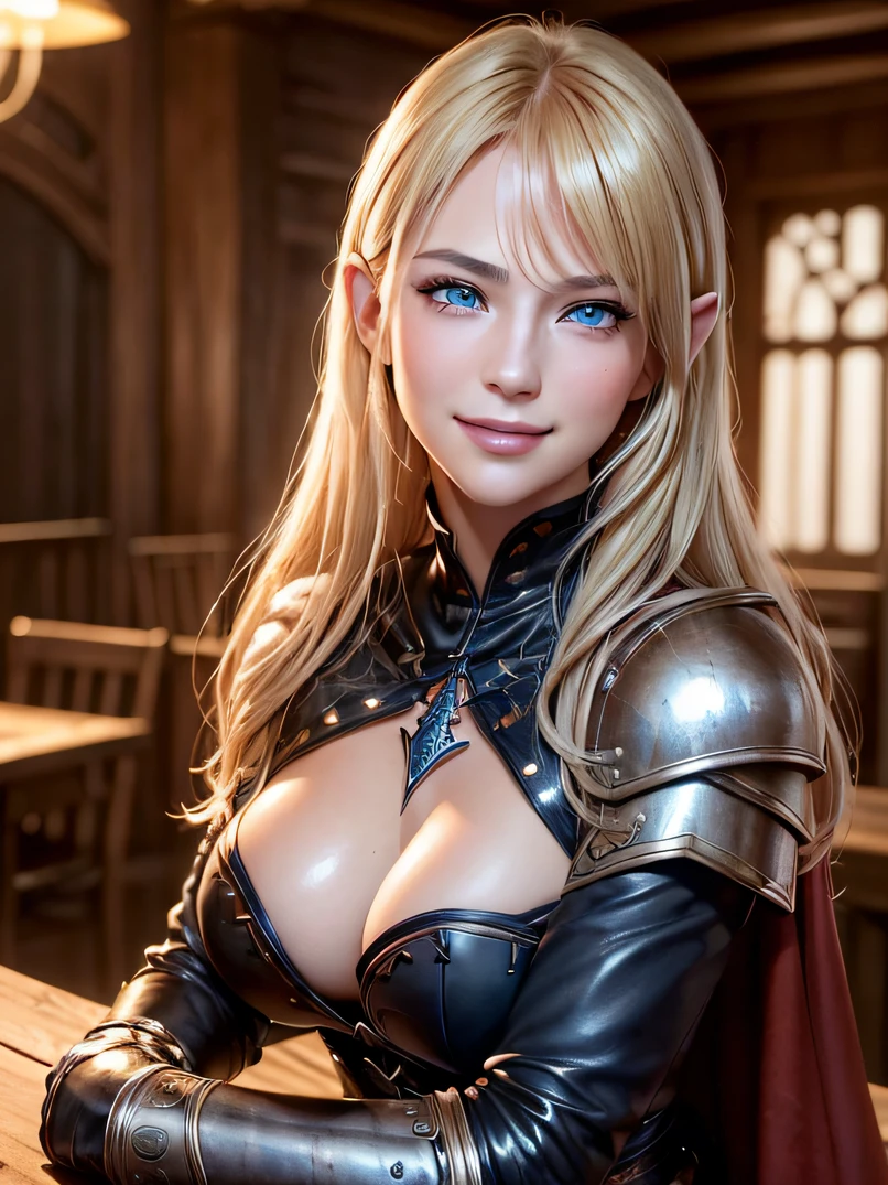 hightquality、hight resolution、masterpiece、foco nítido、lighting like a movie、Photorealistic portrait of stunningly beautiful western woman、((bustshot、Focus from the chest up))、detailed symmetric realistic face、extremely detailed texture、vivd colour、Detailed background elements、Deep sense of depth、Unique lighting effects、Complex configuration techniques、Camera angles that highlight the beauty of the character and the environment、 Depth and mood、Intricate detail and clarity、((elvish、tall、glistning skin、shinny skin、Slender figure、hyperdetailed face、ultra realistic textures、big eye、heavy make-up、A detailed eye、high quality eyes、face with high quality、Shiny face、embarrassed from、A smile、red blush、blue eyess))、(((blonde hair、perfect hand)))、mid night、Inside a dimly lit tavern、In front of a wooden desk、sit a chair、Beer bottles、((Very complex black leather armor、red cloak、Leather Belt、long boots、Black gloves on both hands、bracers))、Dark Fantasy、Detailed hand depiction、Look at viewers