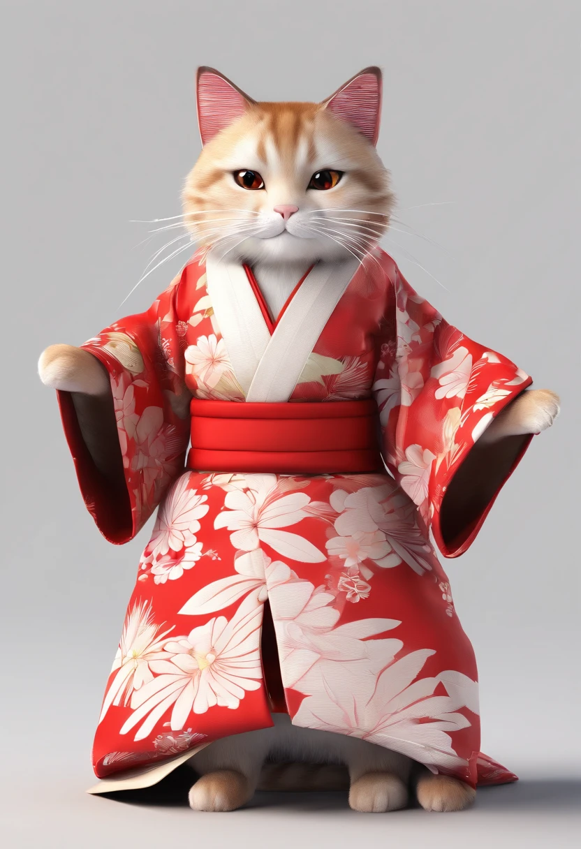cat wearing kimonos👘, tall, mature, simple red and white kimonos, simple white background, traditional japanese costume, tight-fitting outfit, simple, frontal, long legs , (smiling mouth: 1.0)