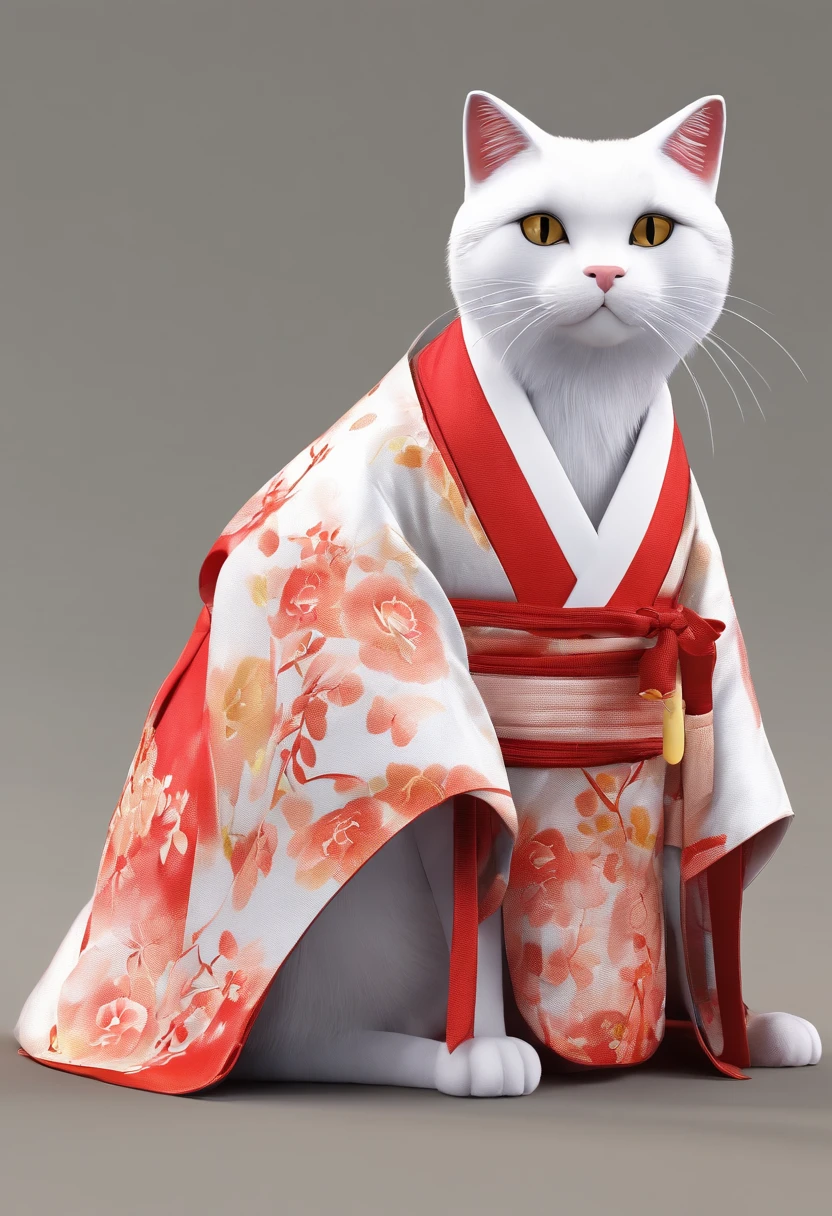cat wearing kimonos👘, tall, mature, simple red and white kimonos, simple white background, traditional japanese costume, tight-fitting outfit, simple, frontal, long legs , (smiling mouth: 1.0)