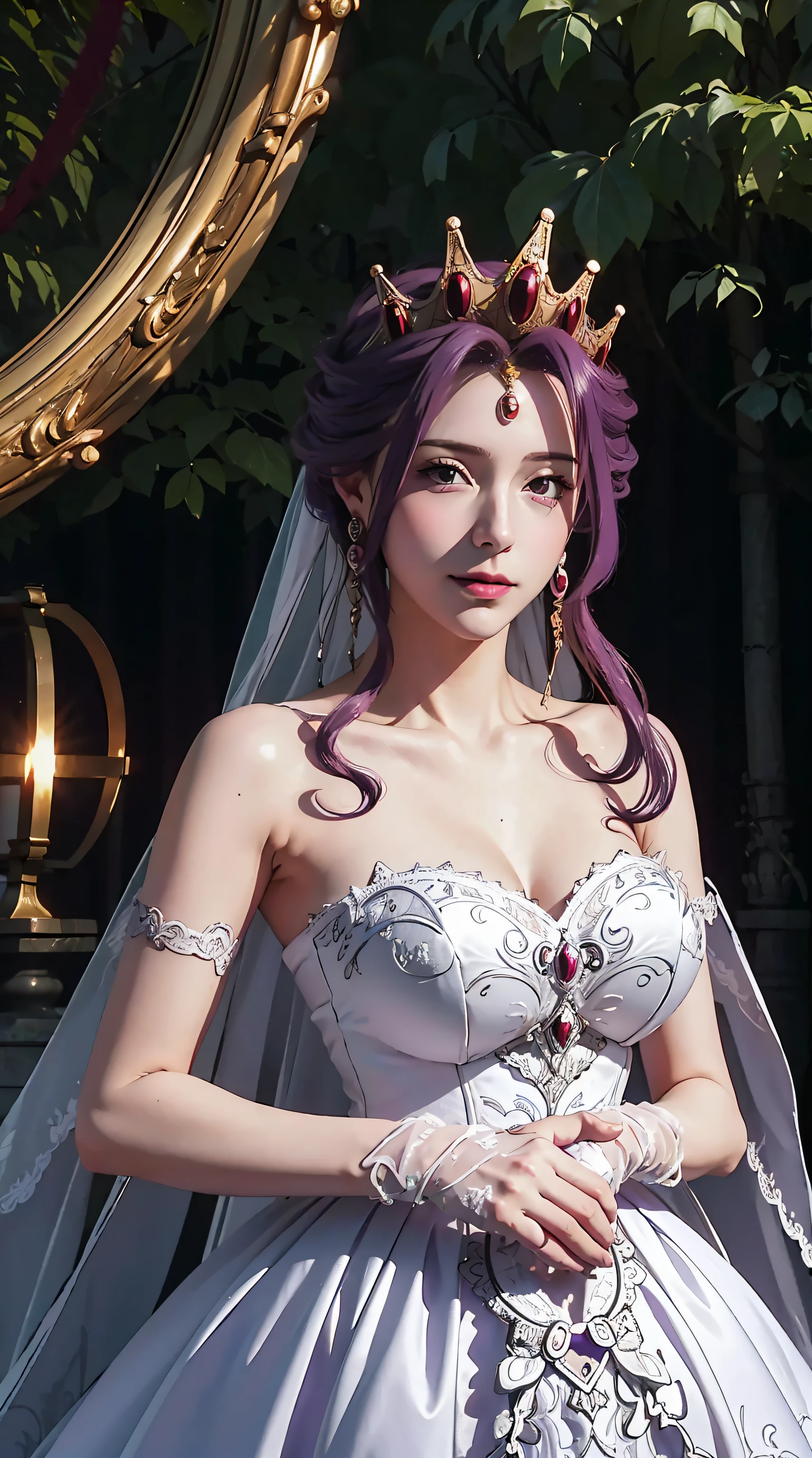 Mirellia_Q_Melromarc, perfect_breasts, purple_hair, purple_eyes, jewelry, earrings, gloves, dress, cleavage, bare shoulders, collarbone, elbow gloves, white gloves, white dress, strapless, tiara, veil, strapless dress, wedding dress, bridal veil, beautiful woman, perfect body, perfect breasts, wearing a wedding dress, ball gown, being in a garden of trees, wedding decorations, looking at the viewer, a slight smile, realism, masterpiece, textured leather, super detail, high detail, quality high, best quality, 1080p, 16k