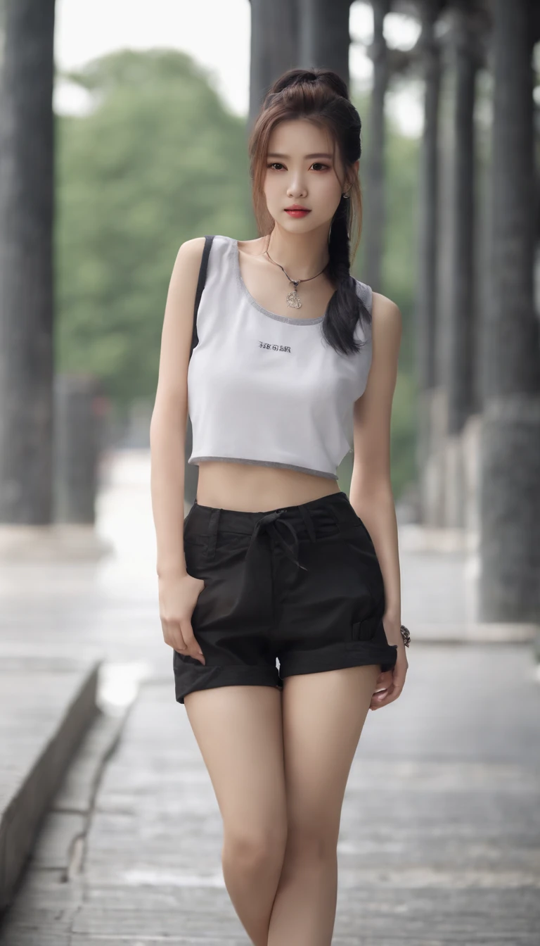 A beautiful Korean girl, wearing a cropped sleeveless t-shirt, a pair of super short shorts, and high-heeled sandals. She has tattoos all over her body, with a long ponytail tied up and wearing a collar.

(best quality,4k,8k,highres,masterpiece:1.2),ultra-detailed,(realistic,photorealistic,photo-realistic:1.37),vivid colors,studio lighting,physically-based rendering,sharp focus,extreme detail description

Korean girl,beautiful detailed eyes,beautiful detailed lips,extremely detailed eyes and face,long eyelashes,tattoos all over her body,cropped sleeveless t-shirt,super short shorts,high-heeled sandals,long ponytail,tied up, collar.