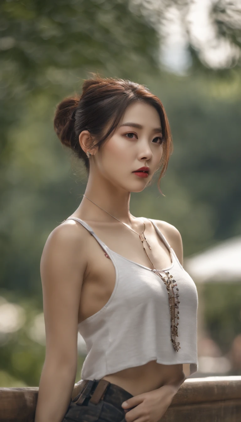 A beautiful Korean girl, wearing a cropped sleeveless t-shirt, a pair of super short shorts, and high-heeled sandals. She has tattoos all over her body, with a long ponytail tied up and wearing a collar.
(best quality,4k,8k,highres,masterpiece:1.2),ultra-detailed,(realistic,photorealistic,photo-realistic:1.37),vivid colors,studio lighting,physically-based rendering,sharp focus,extreme detail description
Korean girl,beautiful detailed eyes,beautiful detailed lips,extremely detailed eyes and face,long eyelashes,tattoos all over her body,cropped sleeveless t-shirt,super short shorts,high-heeled sandals,long ponytail,tied up, collar.