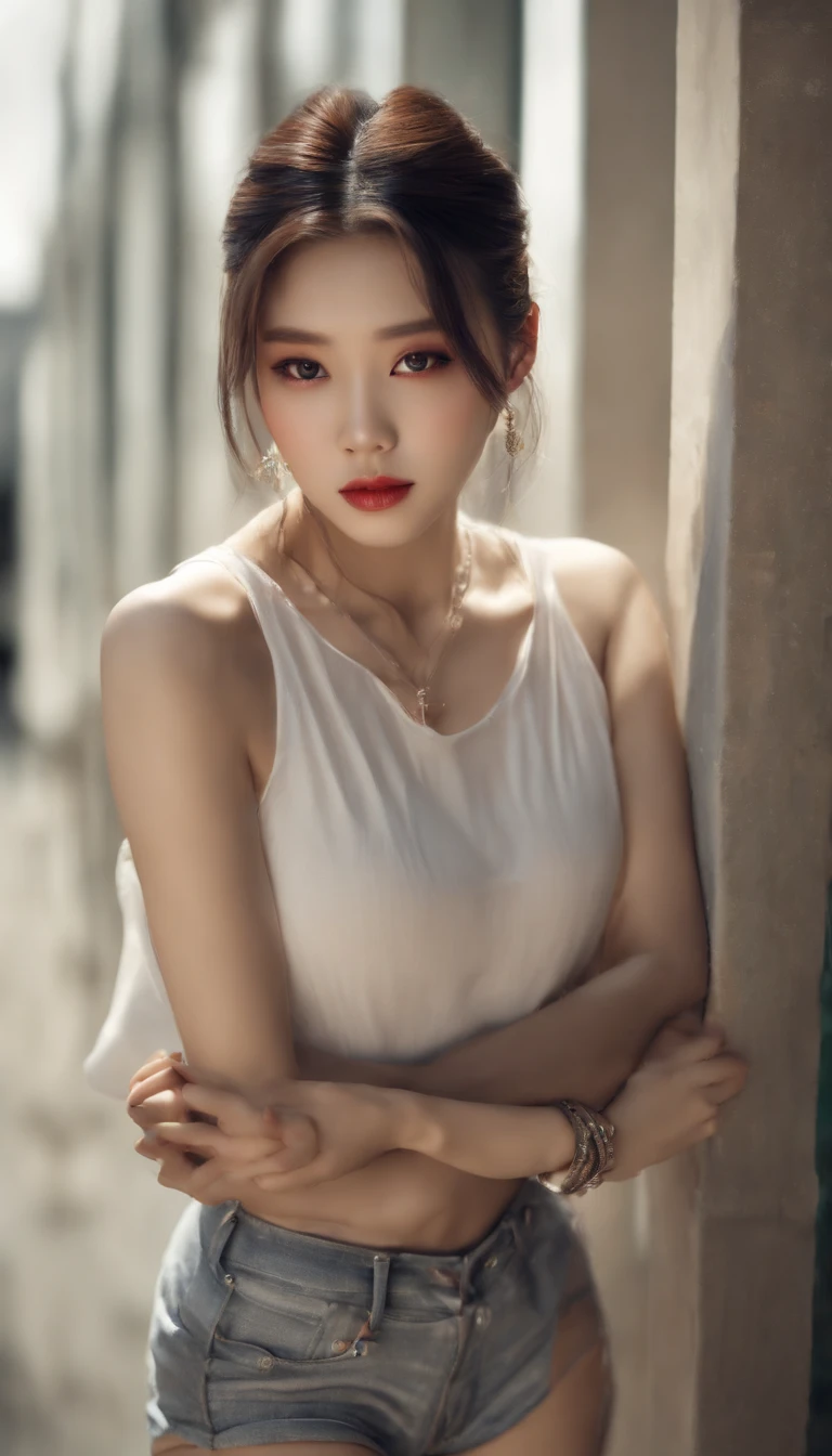 A beautiful Korean girl, wearing a cropped sleeveless t-shirt, a pair of super short shorts, and high-heeled sandals. She has tattoos all over her body, with a long ponytail tied up and wearing a collar.

(best quality,4k,8k,highres,masterpiece:1.2),ultra-detailed,(realistic,photorealistic,photo-realistic:1.37),vivid colors,studio lighting,physically-based rendering,sharp focus,extreme detail description

Korean girl,beautiful detailed eyes,beautiful detailed lips,extremely detailed eyes and face,long eyelashes,tattoos all over her body,cropped sleeveless t-shirt,super short shorts,high-heeled sandals,long ponytail,tied up, collar.