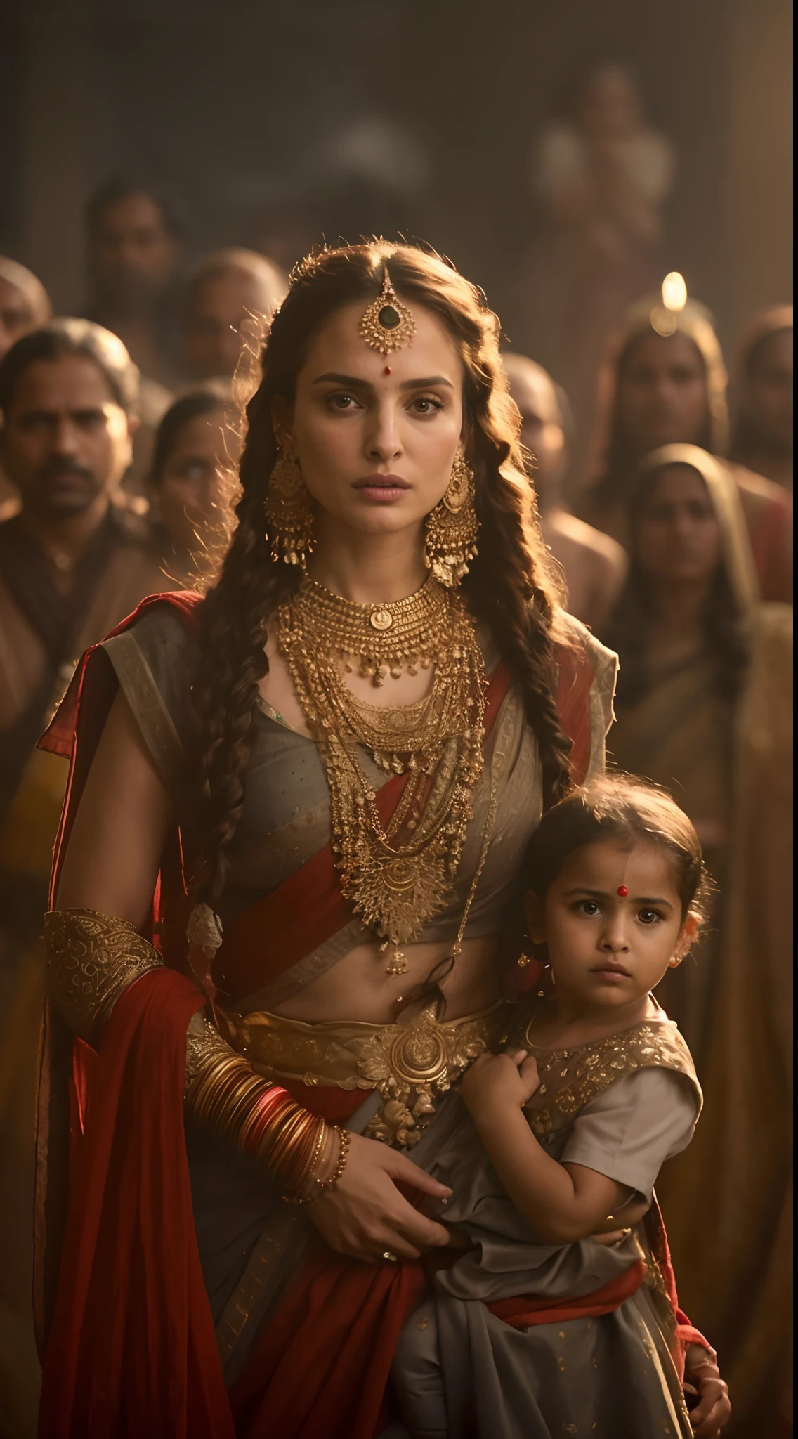 Foto RAW, foto retrato do rosto mulher, cara bonito, a woman holding a in front of a crowd of people, trending on cg society, hurufiyya, natalie portman as a goddess, indian empress, very handsome, intense look, warrior outfit, 2019 trending photo, jewel, india, 1080p, sommbras duras, Cinematic Shot, dramatic lighting