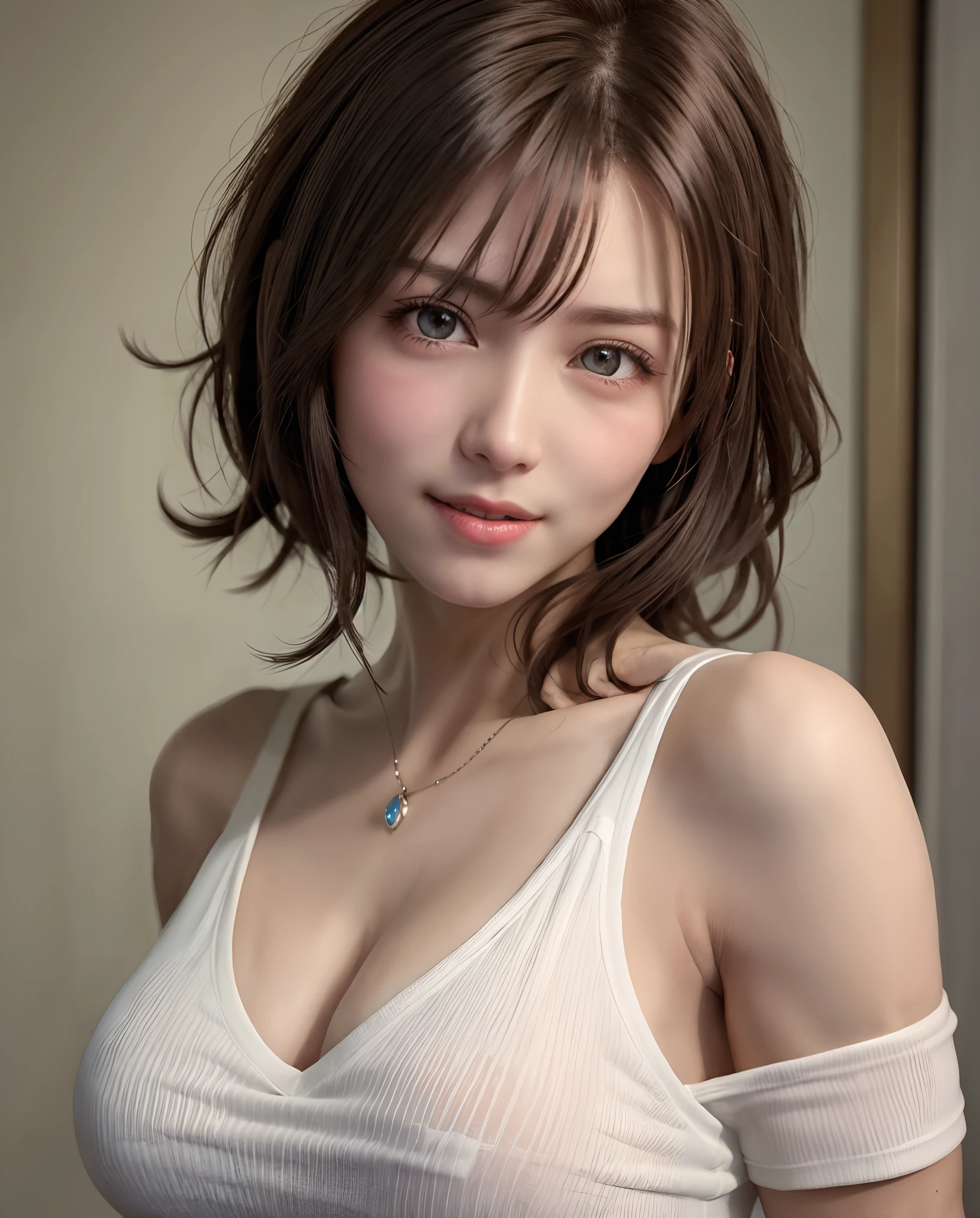 Top quality, ultra high resolution, (photorealistic: 1.4), beautiful eyes, super beautiful, short hair, beautiful breasts, lover, t-shirt with rough chest, eyes inviting viewer, lover's eyes, inviting facial expressions, sexy smile, perfect style, perfect balance, detailed skin, naughty eyes, chest visible