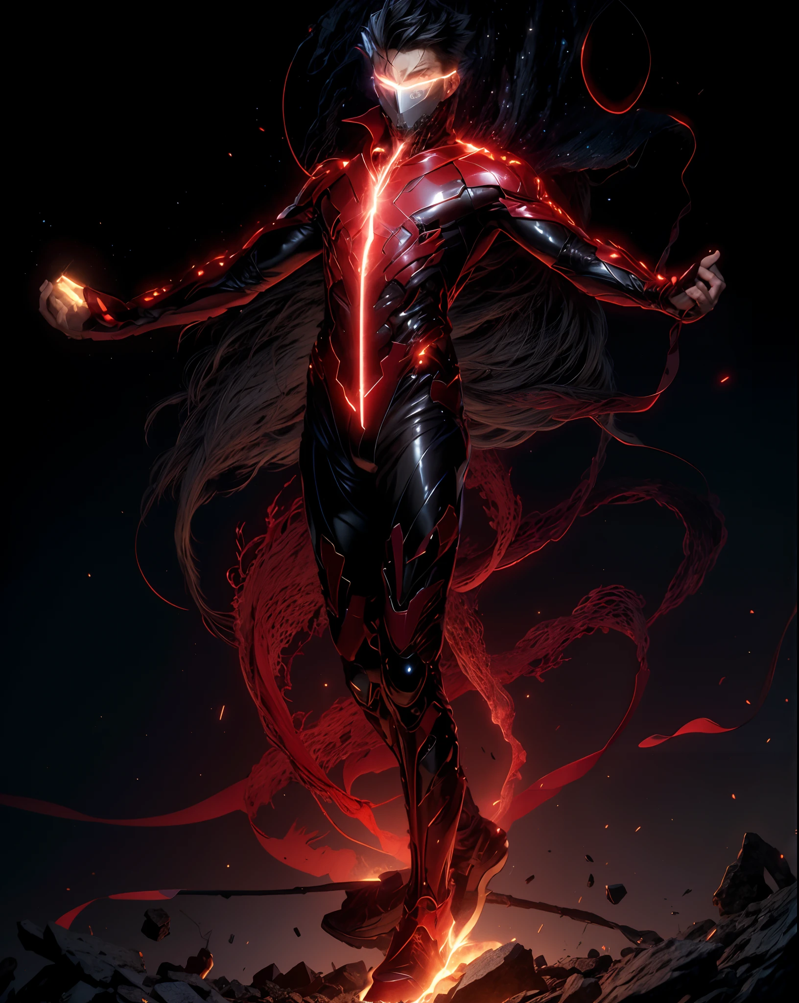 (absurdres, highres, ultra detailed), masterpiece, best quality, a boy with in black outfit, red cape, wizard, solo, handsome, short hair, red hair, vibrant red eye, glowing eye, glow effect, finely eye, detailed face, red flame, spark, swirl, isolated land background, from below, look down, look at viewer, cowboy shot