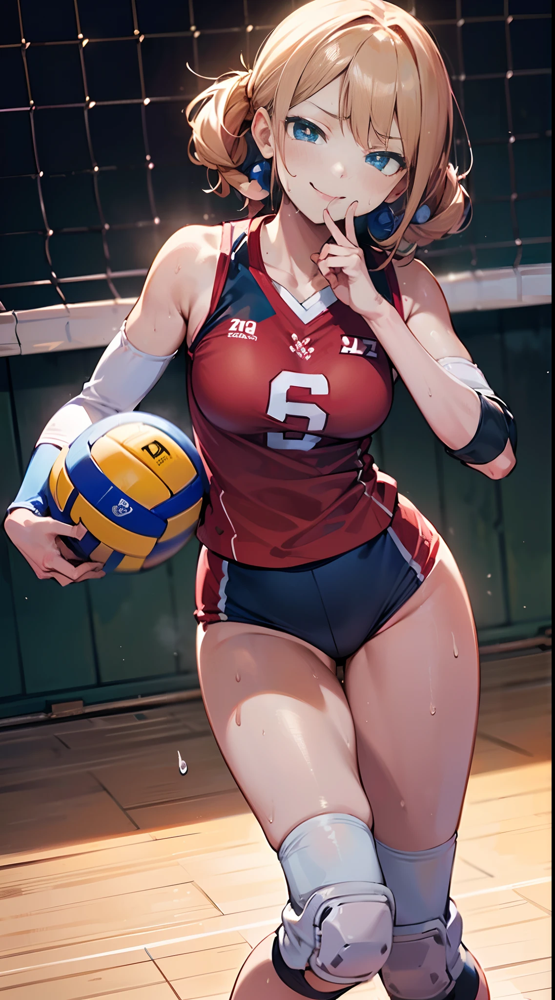 (((masterpiece))), (((Best Quality))), (((Ultra Detail Art))), (((hight resolution))), ((superfine illustration)), ((Ultimate cutie)), Detailed beautiful face, Shiny hair, (gyaru), medium breasts, ((potbelly)), (((Solo))), (((female volleyball player))), ((Evil smile)), ((Smirk)), (blush), 
 BREAK, (((Holds dirty spherical 6-inch volleyballs))), (((put hand over mouth))), 
BREAK, (((Buruma))), (Volleyball Uniforms), Sleeveless Volleyball Uniforms, (Kneepads), (elbow pad), (Bare hands), ((Sweat)), ((Covered in sweat)), (Breathless), on valleyball court, in gymnasium, Lighting, Look at viewers