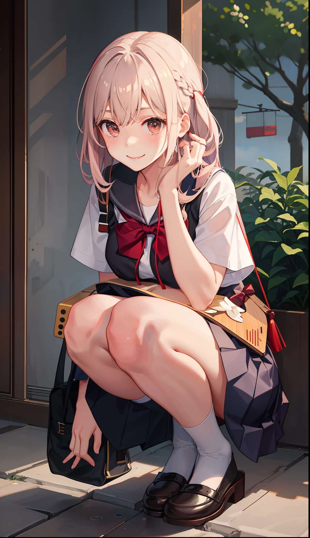 1girl in、A smile、The shirt、skirt by the、（small tits）Chilarism、Japan High School Student Uniform、serafuku、summer clothing、Squall Drenched Uniform、（Sheer Bra）、Upper body portrait、cream colored Hair、Squatting panchira、