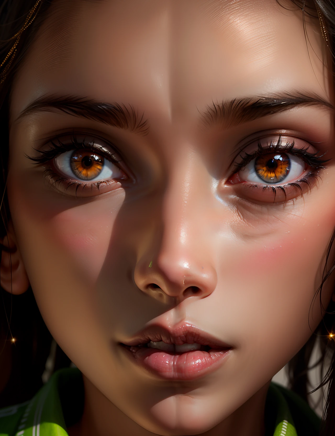 "Describe a 20-year old woman with a delicate face and African features. Her hazel eyes are the highlight, being well detailed and expressive. The irises have vibrant shades of light brown, with a golden ring around the pupil. The eyelashes are long and curved, further enhancing the charming look. Her eyebrows are precisely defined, with well-groomed and arched hair, highlighting the facial expression. The makeup is soft, enhancing the girl's natural beauty. Her skin is flawless, with a smooth and luminous texture. The lips are delicate and proportional, with a soft and natural color. The image should be captured in high definition, providing a faithful representation of the girl in realistic photographic style." "type": "photograph", "art_styles": "realistic", "art_inspirations": "portrait photography, fashion photography", "camera": "Canon EOS R5", "shot": "waste up", "render_related_information": "The image must be captured with extreme precision and detail. Use soft, diffuse lighting to highlight the subtle details of the girl's face. Capture the texture of the hair, highlighting the reflections in the dark and curly strands. Pay attention to the smallest details, such as the curvature of the eyelashes, the sparkle in the eyes and the softness of the lips. The focus should be on the eyes, conveying all the expressiveness and depth of the girl's gaze. The image should convey a sense of realism and authenticity, accurately portraying its unique and charming features