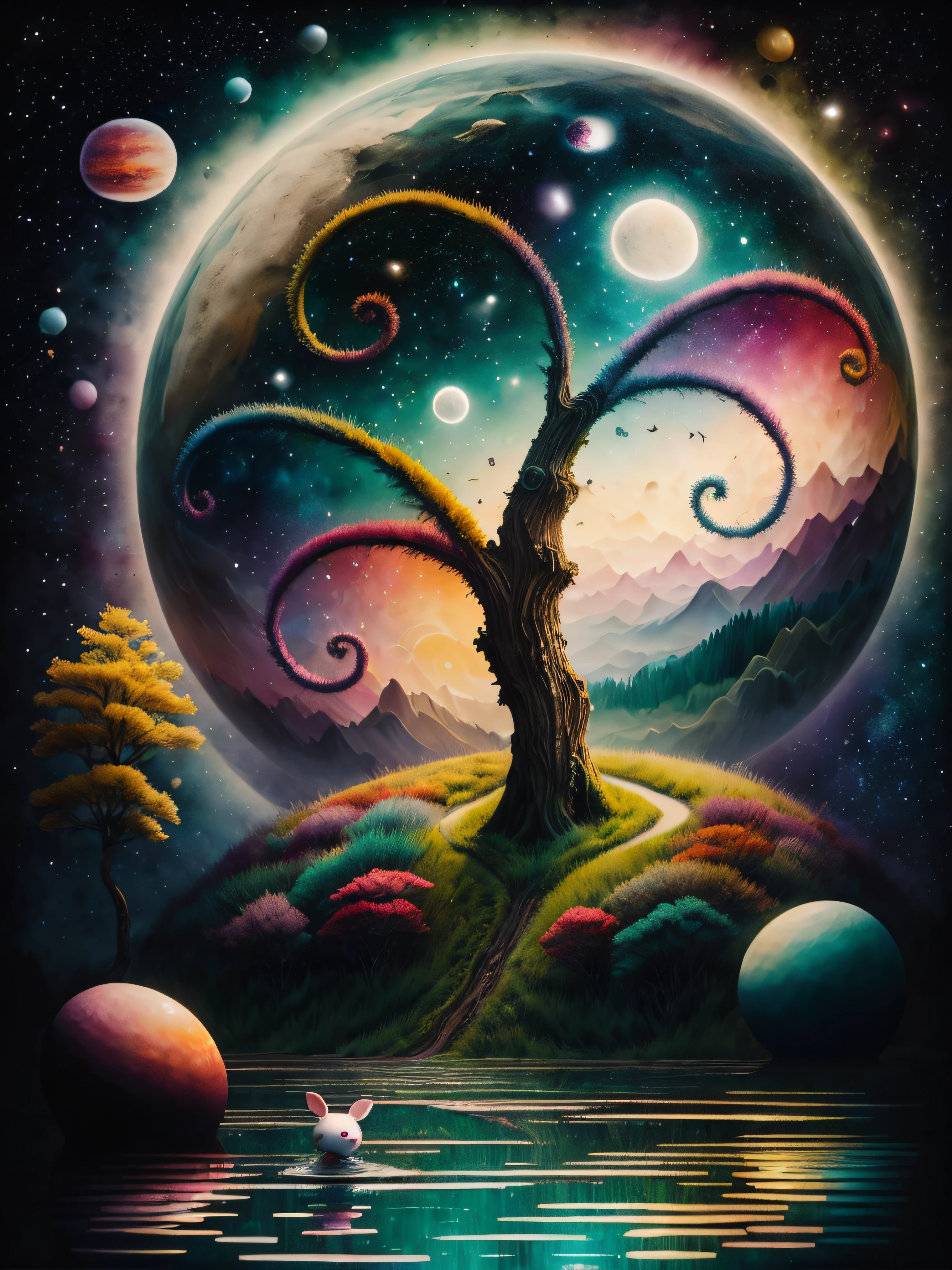 Autumn landscape painting, alta resolucion, hiperrealista, Arte digital surrealista, dreamlike surrealism, Hermosa obra de arte digital, Surrealist and fantastic art, Las estrellas son peces en las profundidades, Estilo Alexander Jansson, Copa Kerem, por Alexander Jansson, Arte surrealista, by Adam Marczyński, a beautiful artwork illustration, Estilo Mark Ryden, Mark Ryden muy detallado, Estilo de Mark Ryden, Mark Ryden en el estilo de, cute anthropomorphic bunny, por Mark Ryden, Surrealismo pop lowbrow, Arte hiperrealista