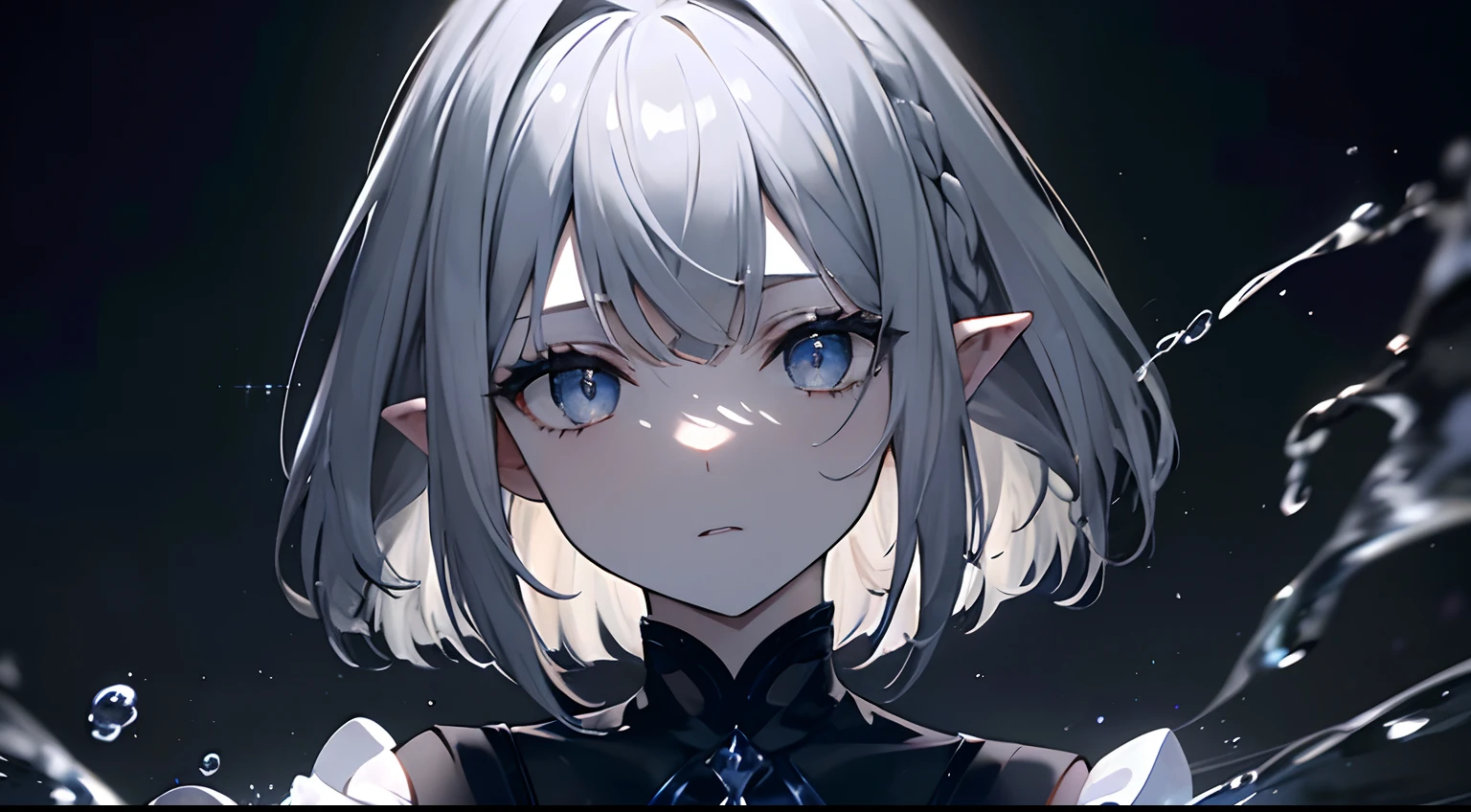 (Masterpiece,Best quality,Ultra-detailed),1girll,Messy hairstyle,Mane, Long Bob cut,Black and blue Haidt,Pale skin,Pointy ears,Beautiful and detailed face, Detailed eyes,Night,Heavy fog,street, view the viewer,Small chest,((gray theme)),(("Water" theme))