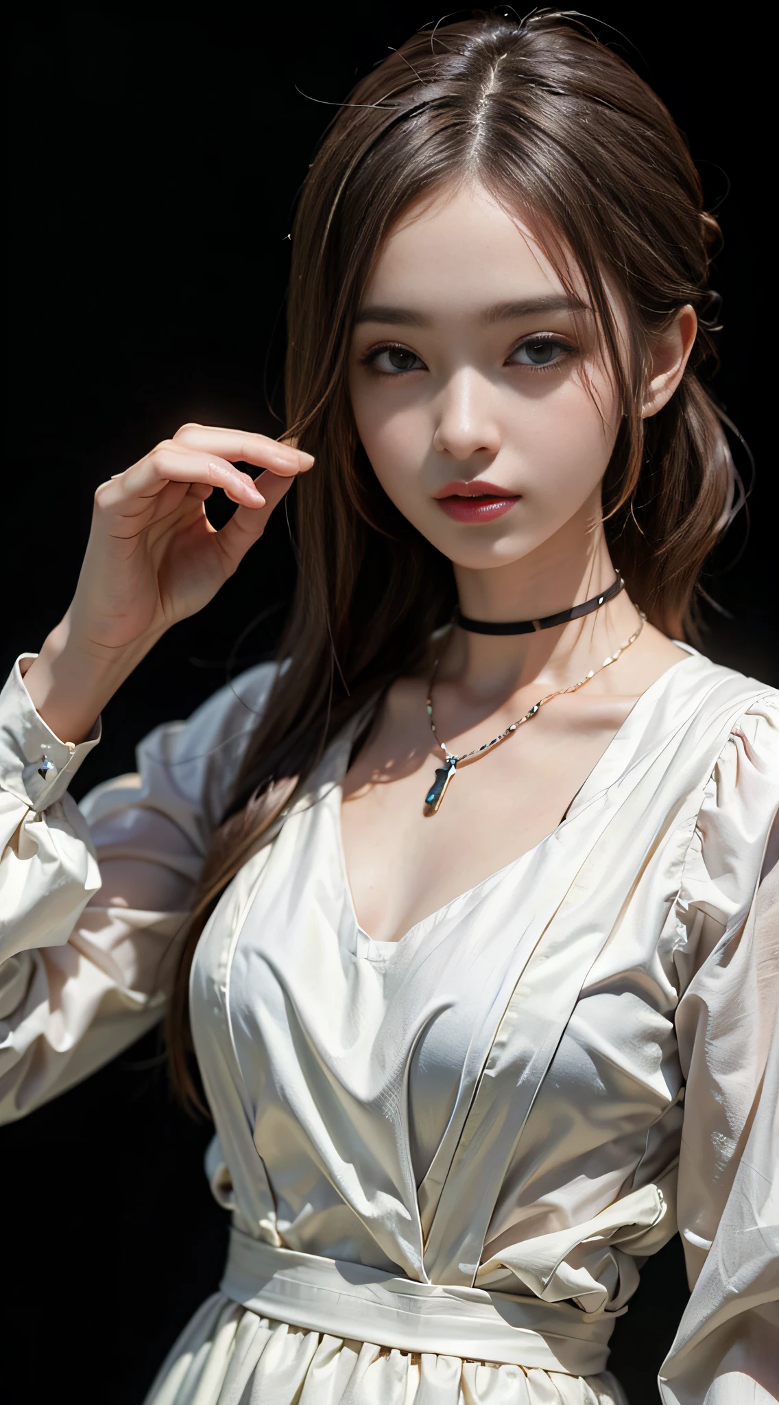 ((masterpiece:1.4)、(top-quality:1.4)、(reallistic:1.7))、masuter piece:1.4、Kawaii Girl、Portrait photos、Close-up photos、Upper body photography、beautiful countenance、defiance、dark backgrounds、Narrow waist、poneyTail、Raw photo、red-lips、a choker:1.4、a necklace:1.4、耳Nipple Ring:1.4、1 screen display、