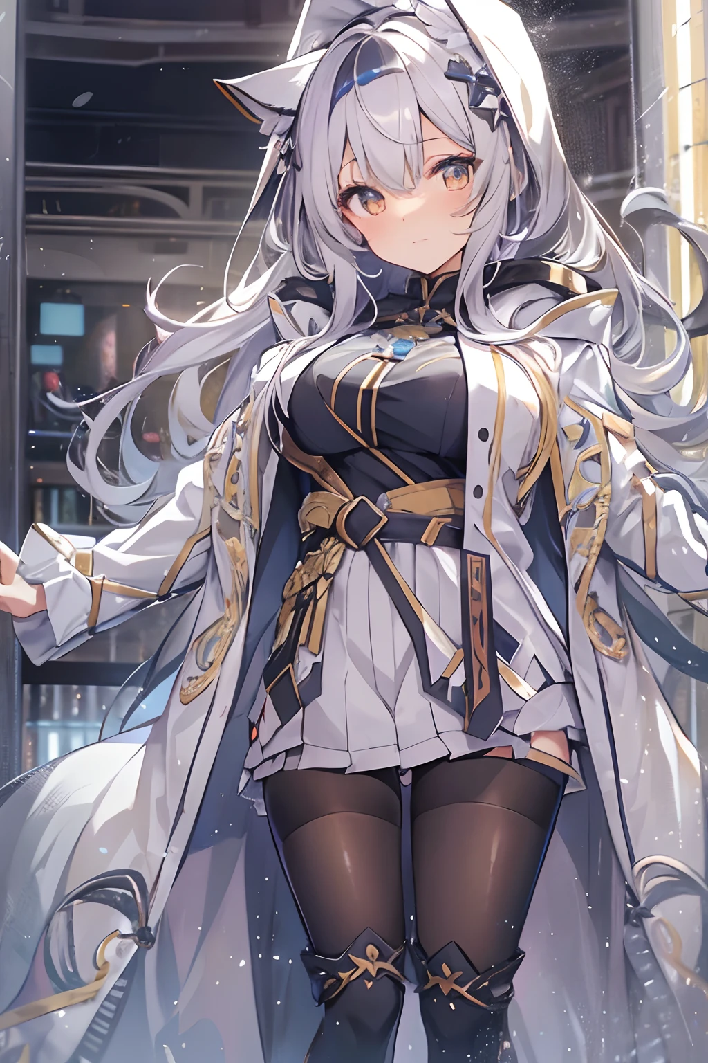 top-quality、8K))One Woman　long hair anime girl、extremely cute anime girl face、nightcore、From the front line of girls、Portrait of a cute anime girl、granblue fantasy style, Whole body, from bellow,ceiling,Looking at Viewer, Head_tilt, Petite, girl,Woman,Female, Mature,30 years old, Very long hair, flipped hair, White and silver hair, Flowing hair, Ahoge, lightsmile, beautiful and delicate golden eyes, Medium_breasts, thighs thighs thighs thighs, White skin, coat, Hoodie, Black_Skirt, knee_long boots, hoods_Down, Thigh_the gap, Black clothes, Transparent_Background, Transparent_Background, Transparent_Background, absurderes, hight resolution, very precise details,fullllbody　Night mood