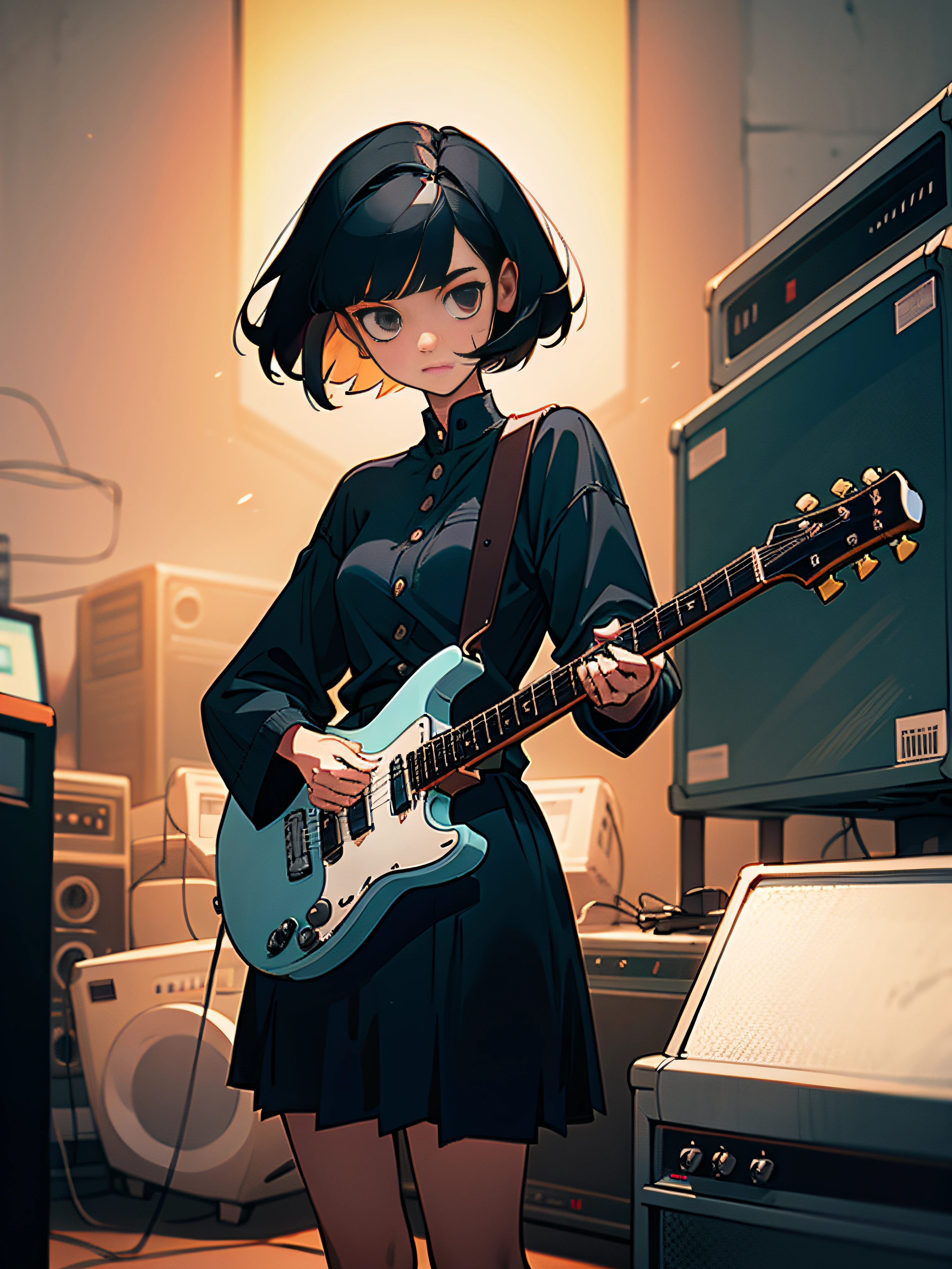 Black Hair Short Bob20A woman is playing guitar in a room full of amplifiers