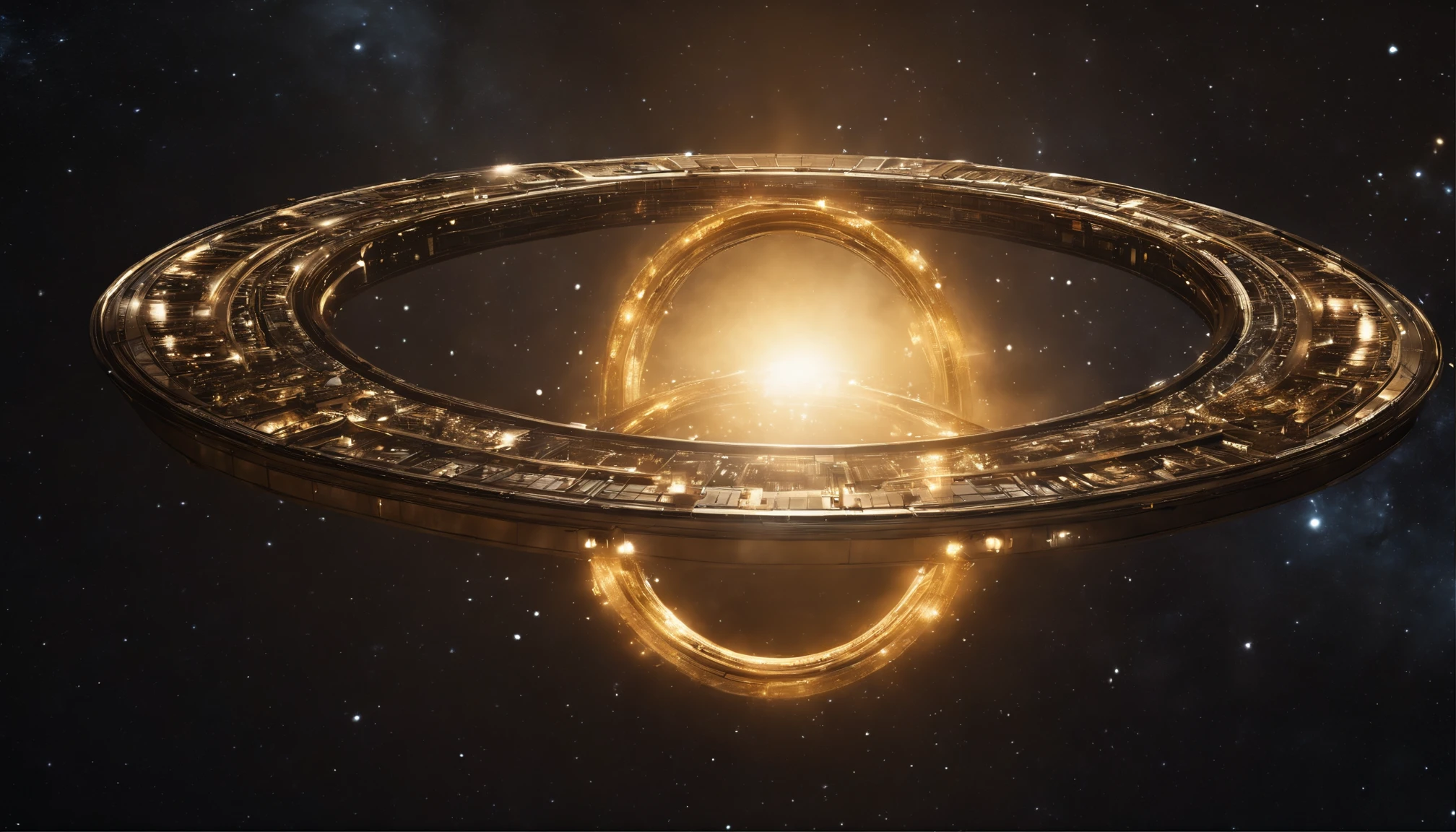 Between the stars in space,A city of gold built on a huge ring floats in space