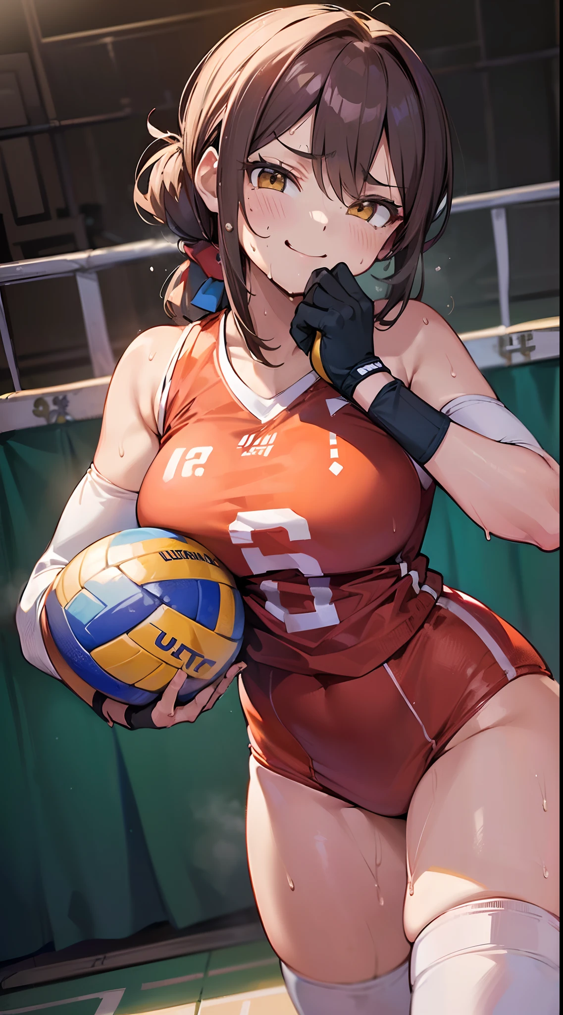 (((masterpiece))), (((Best Quality))), (((Ultra Detail Art))), (((hight resolution))), ((superfine illustration)), ((Ultimate cutie)), Detailed beautiful face, Shiny hair, (gyaru), medium breasts, ((potbelly)), (((Solo))), (((female volleyball player))), ((Evil smile)), ((Smirk)), (blush), 
 BREAK, (((Holds dirty spherical 6-inch volleyballs))), (((put hand over mouth))), 
BREAK, (((Buruma))), (Volleyball Uniforms), Sleeveless Volleyball Uniforms, (Kneepads), (elbow pad), (Bare hands), ((Sweat)), ((Covered in sweat)), (Breathless), on valleyball court, in gymnasium, Lighting, Look at viewers