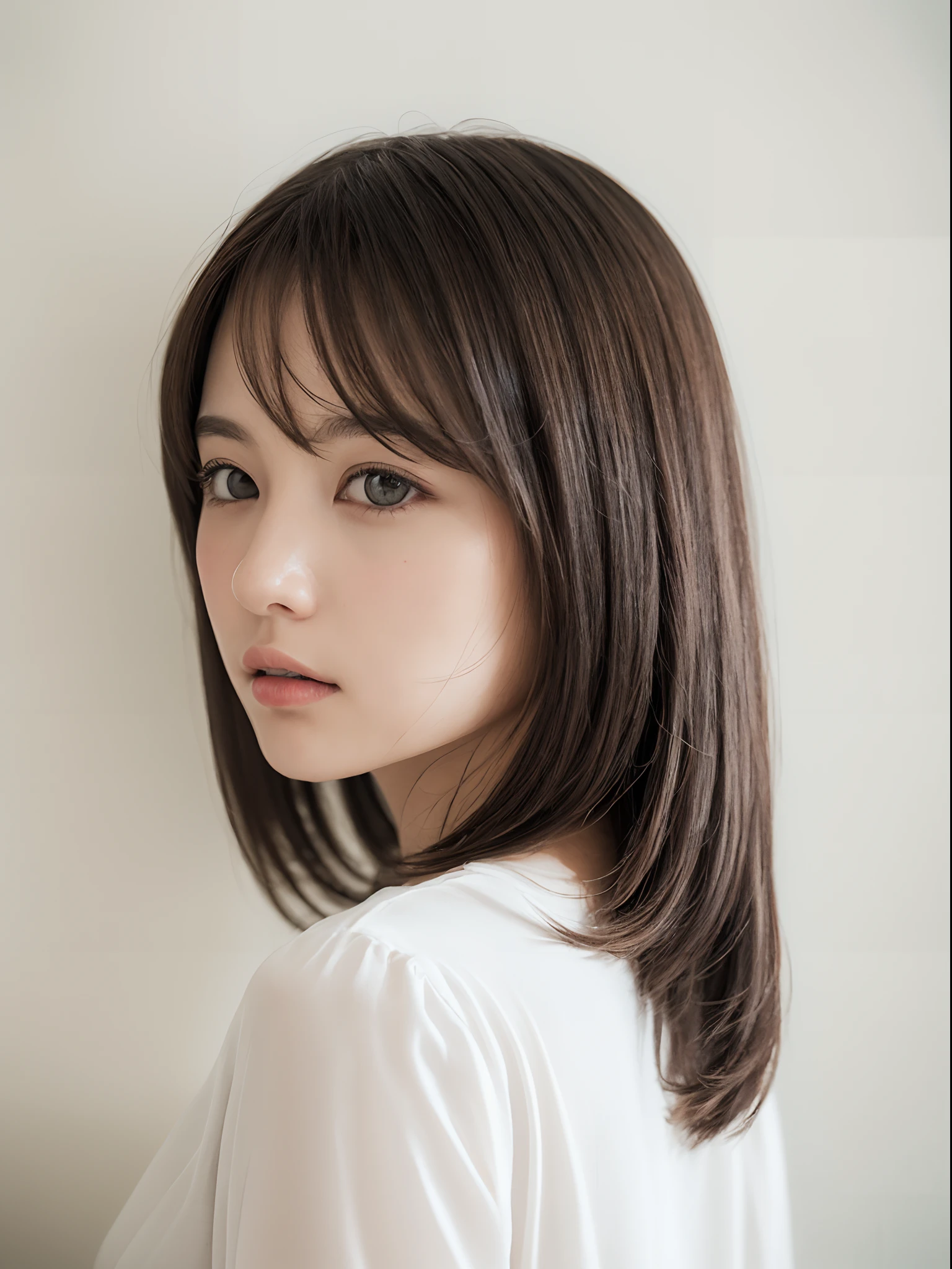 ((masterpiece:1.4、top-quality))、((masterpiece、top-quality))、(photographrealistic:1.4)、profetional lighting、physically-based renderingt、Very cute、extremely detailed eye and face、Eyes in Beautiful Details、short-hair、(Beautiful japanese girl:1.05)、sface focus、from the rear、White Room、white walls