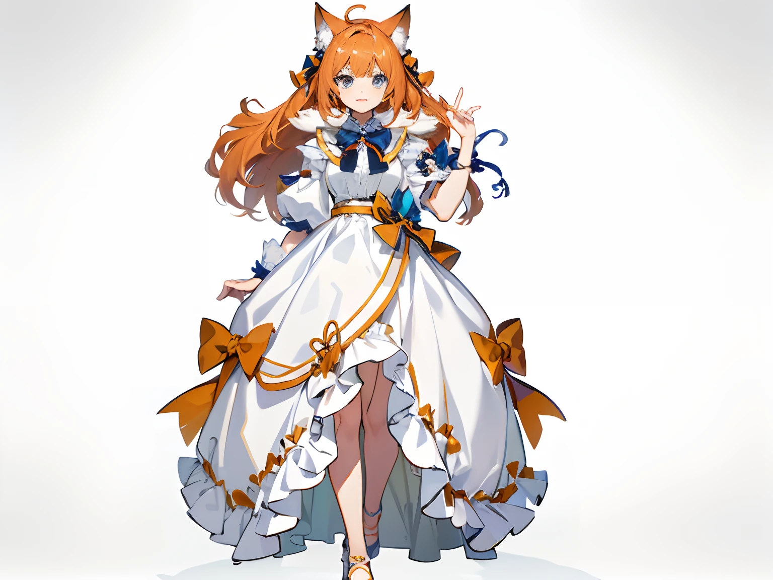 head of orange hair, animal ears, blue eyes, cute expression, bow hair accessory, wearing a white dress, and a cat tail, a cute anime character with a lovely plump figure, dressed in beautiful clothes, official character art, Ayaka Kamisato impression, key artwork of Couta Krantz, Ayaka game impression, official character illustration, anime goddess, stunning anime character design, Holo the wolf girl, official art, adorable anime art style